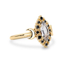 Endless Love Moon Natural Marquise Pink Sapphire Black Diamond Halo Ring, 14k