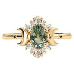 Endless Love Natural Green Sapphire Diamond Moon Halo Ring, 14k Gold