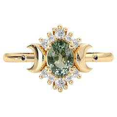 Endless Love Zafiro Verde Natural Diamante Luna Halo Anillo, Oro 14k