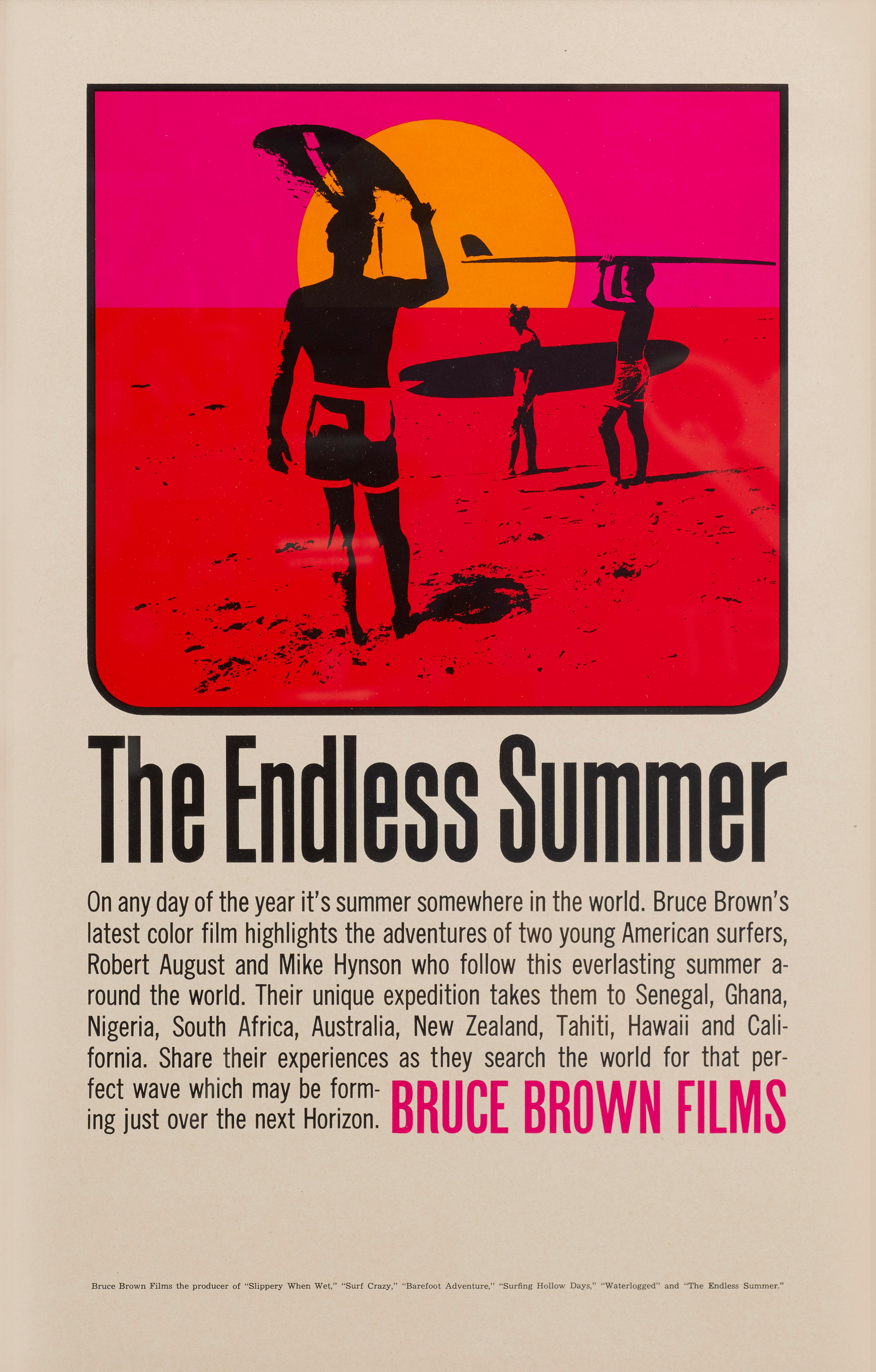 Poster cinematografico originale degli Stati Uniti per il documentario cult sul surf di Bruce Brown del 1966. Questo poster è stato creato prima dell'uscita del film nelle sale cinematografiche ed è stato utilizzato per la versione in 16mm del