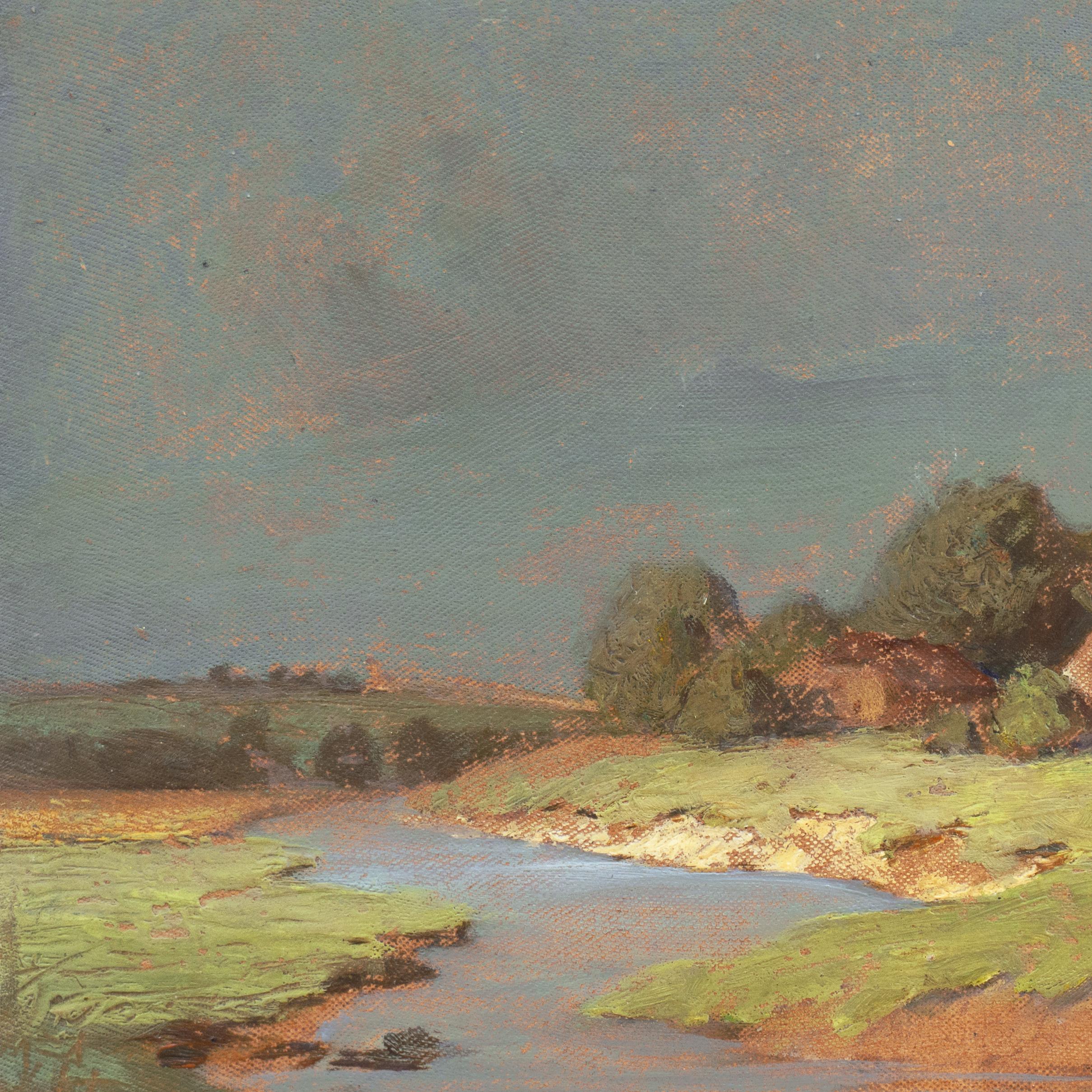 „Ungarische Landschaft mit Bauernhaus“, Münchener Schule, Nationalakademie, Budapest (Braun), Landscape Painting, von Endre Komaromi-Kacz