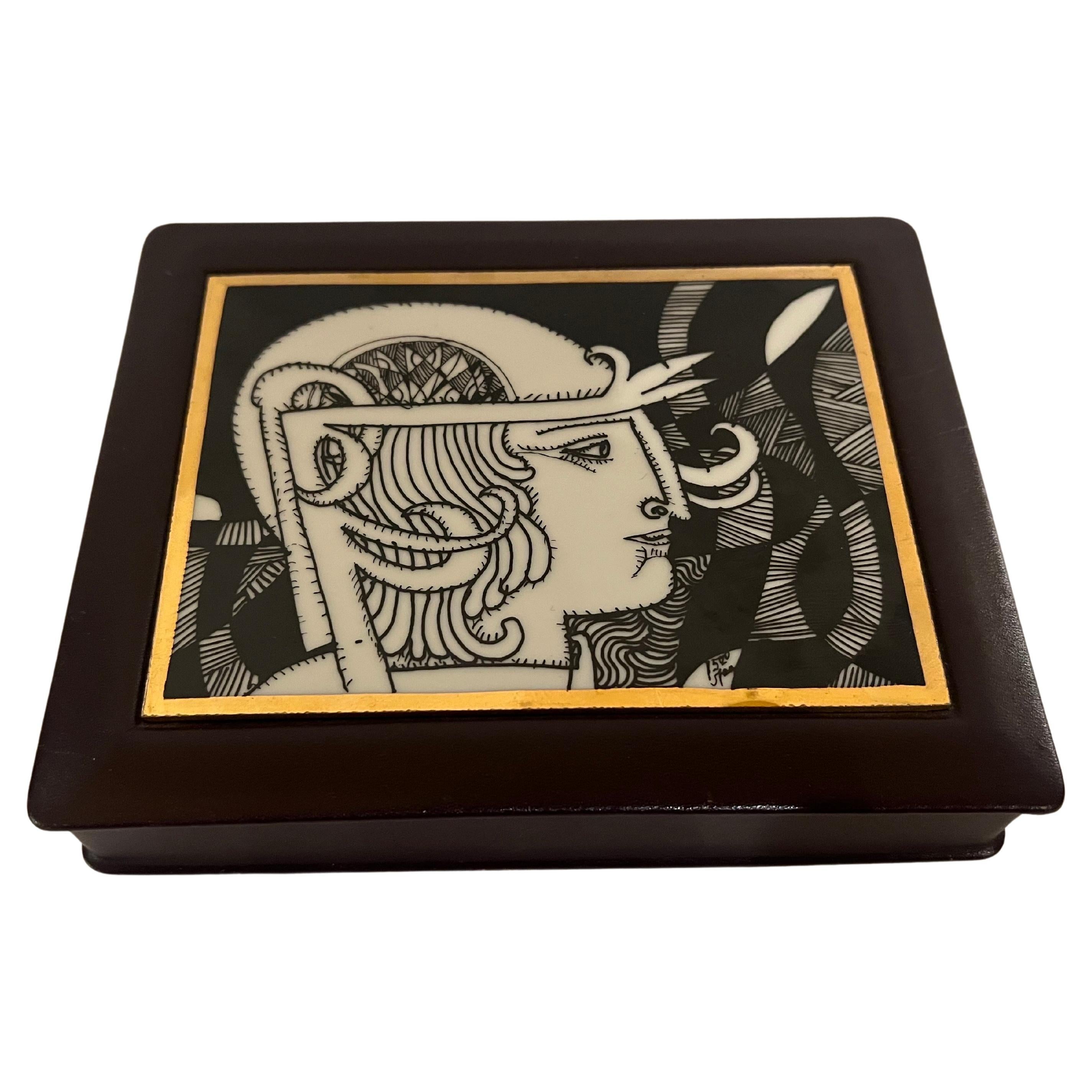 Mid-Century Modern Endre László Szász for Hollohaza Porcelain Leather Small Jewelry Box Signed For Sale