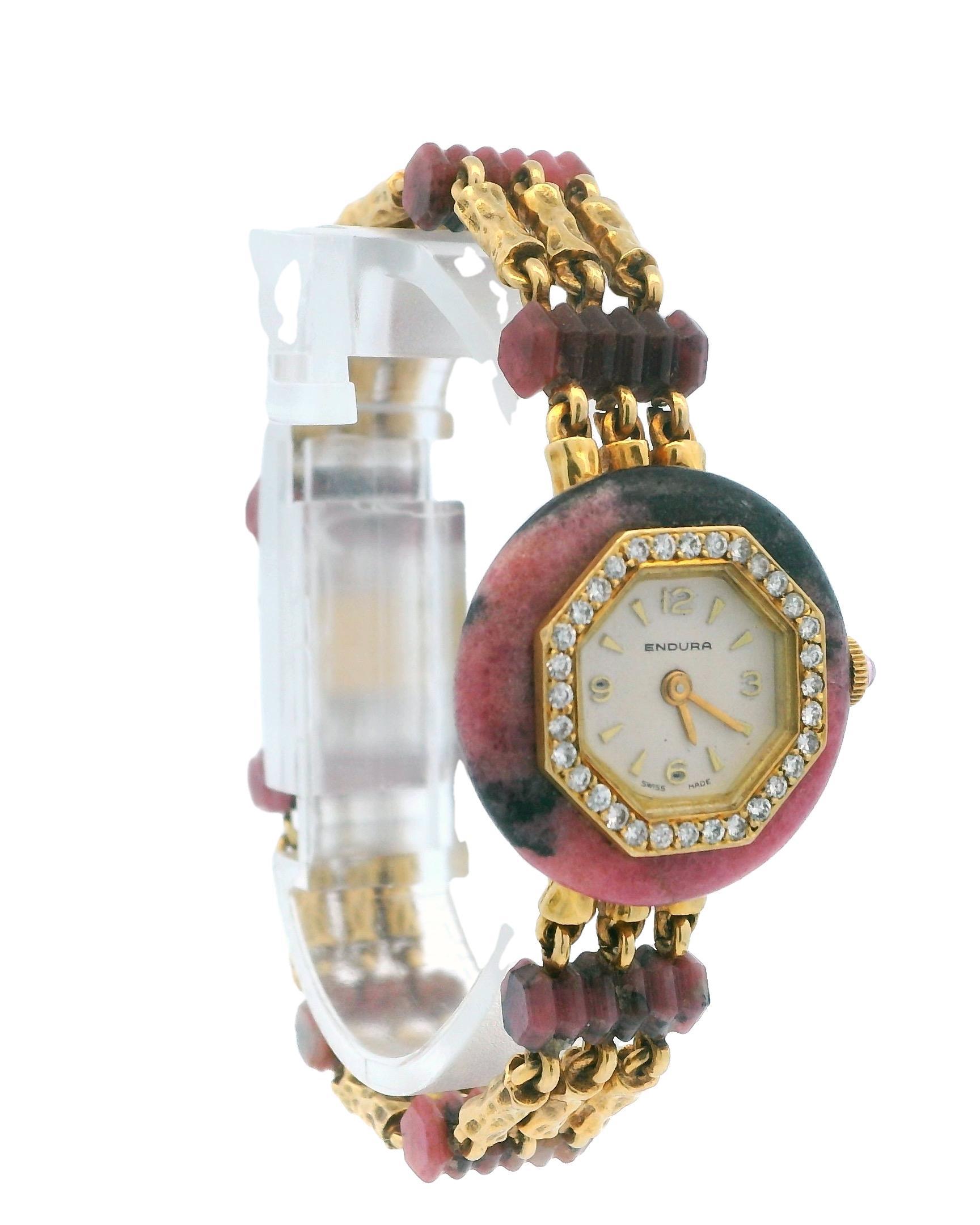 Endura 18k Yellow Gold & Rhodochrosite Stone With Pave Bezel Ladies Watch In Excellent Condition For Sale In Great Neck Plaza, NY