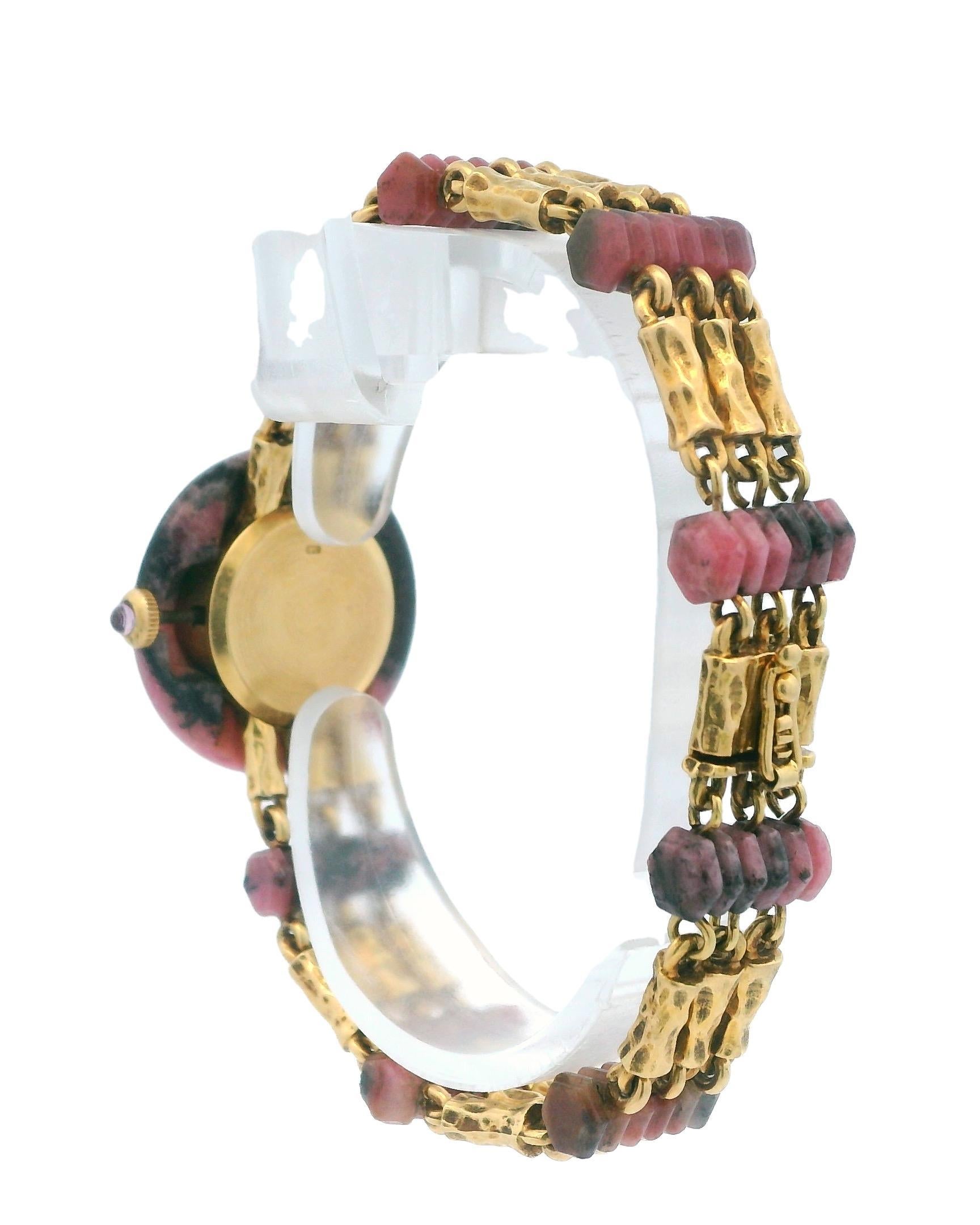 Women's Endura 18k Yellow Gold & Rhodochrosite Stone With Pave Bezel Ladies Watch For Sale
