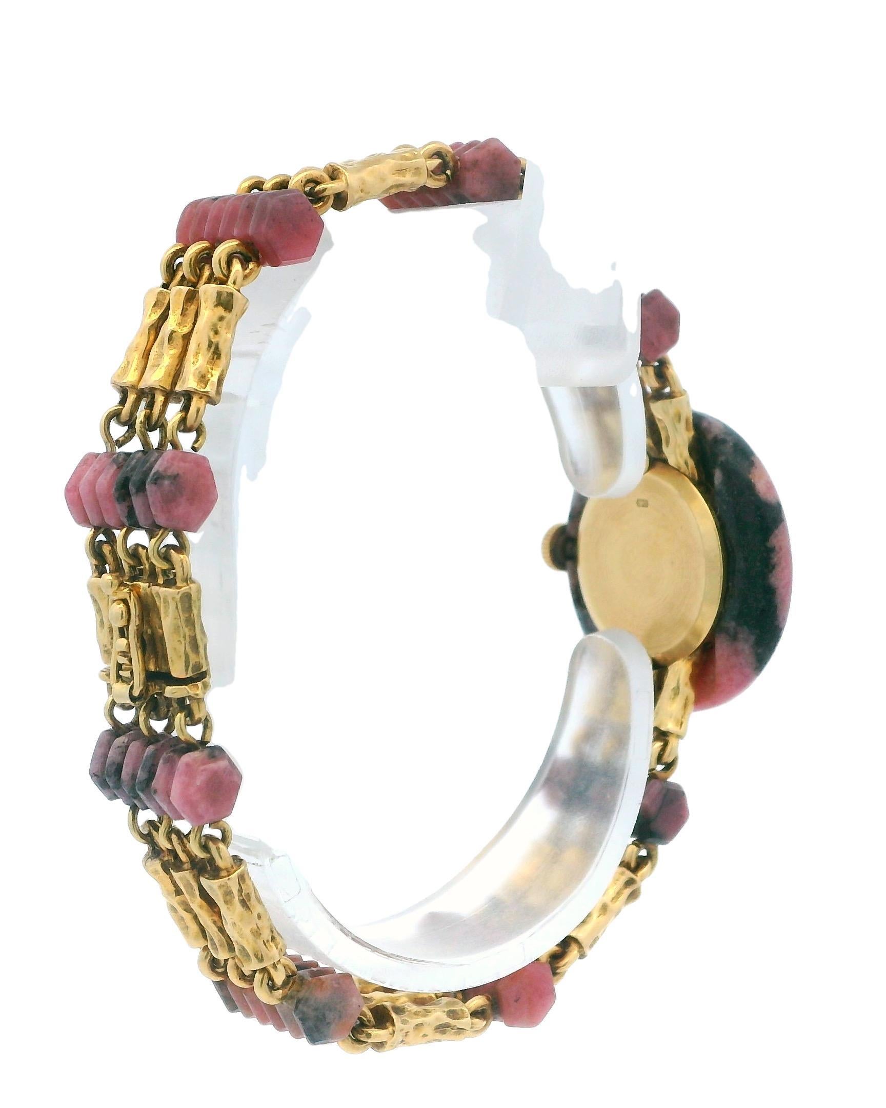 Endura 18k Yellow Gold & Rhodochrosite Stone With Pave Bezel Ladies Watch For Sale 1