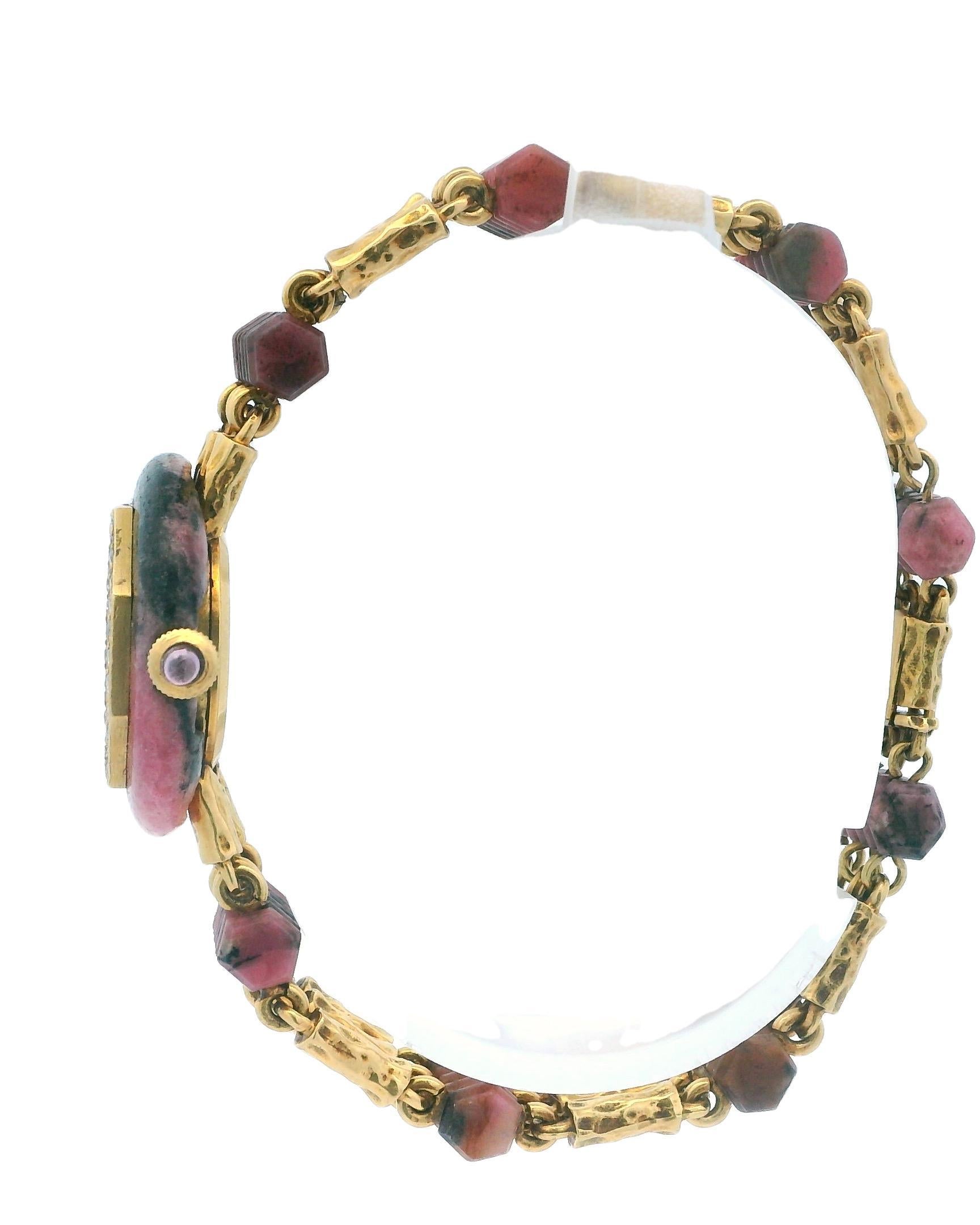 Endura 18k Yellow Gold & Rhodochrosite Stone With Pave Bezel Ladies Watch For Sale 2