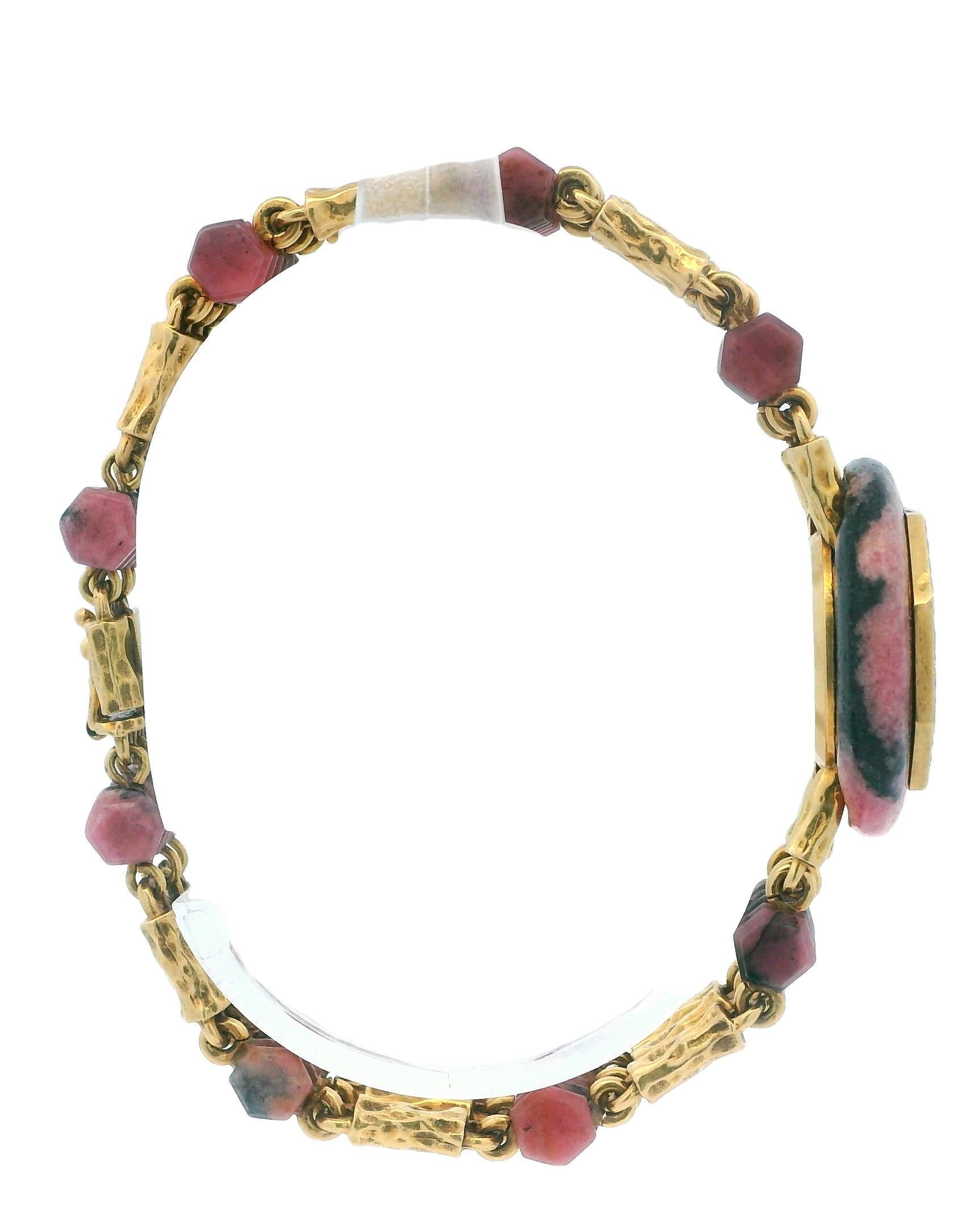 Endura 18k Yellow Gold & Rhodochrosite Stone With Pave Bezel Ladies Watch For Sale 3