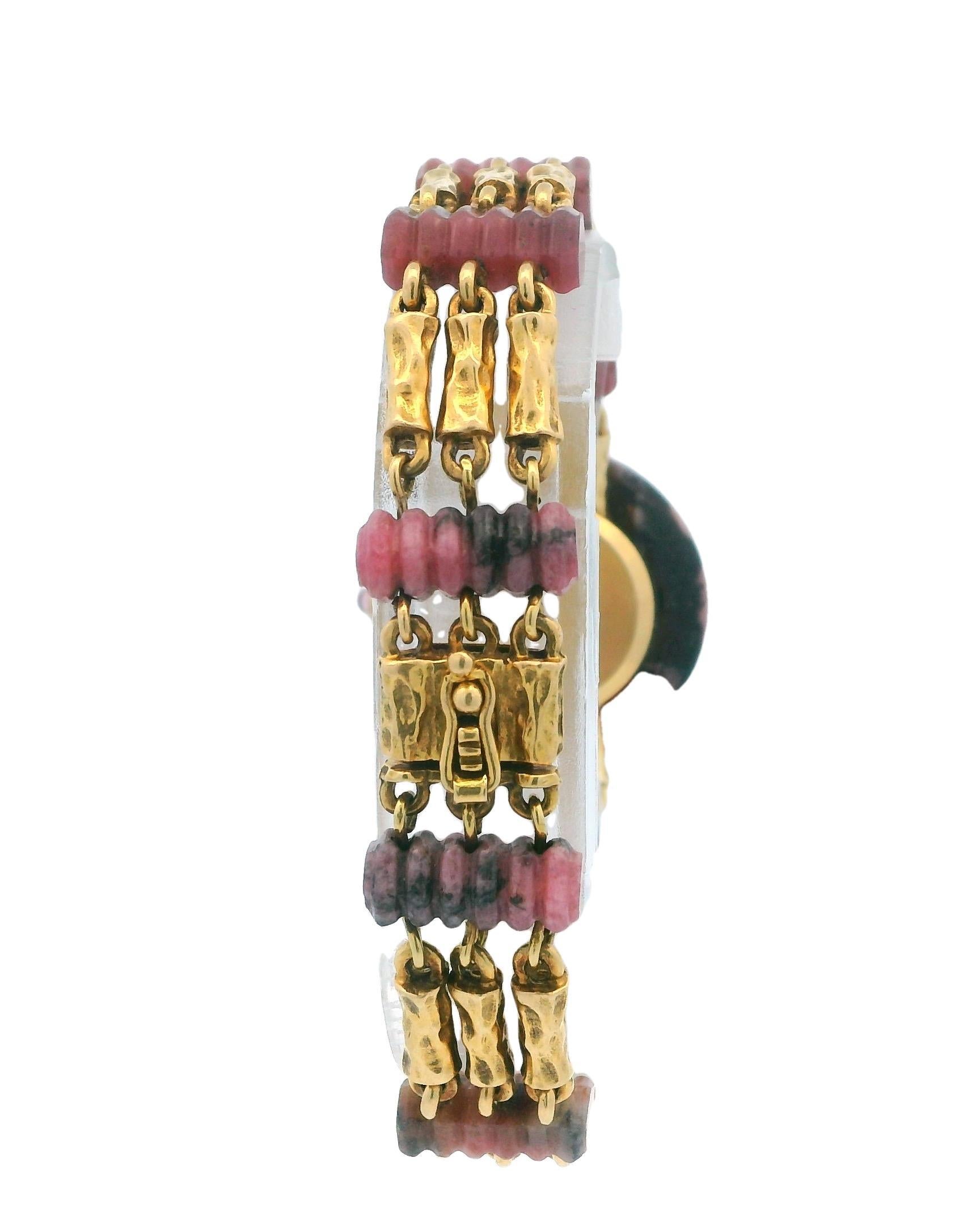 Endura 18k Yellow Gold & Rhodochrosite Stone With Pave Bezel Ladies Watch For Sale 4