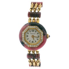 Endura Montre pour femme en or jaune 18 carats et pierre de rhodochrosite avec lunette pavée
