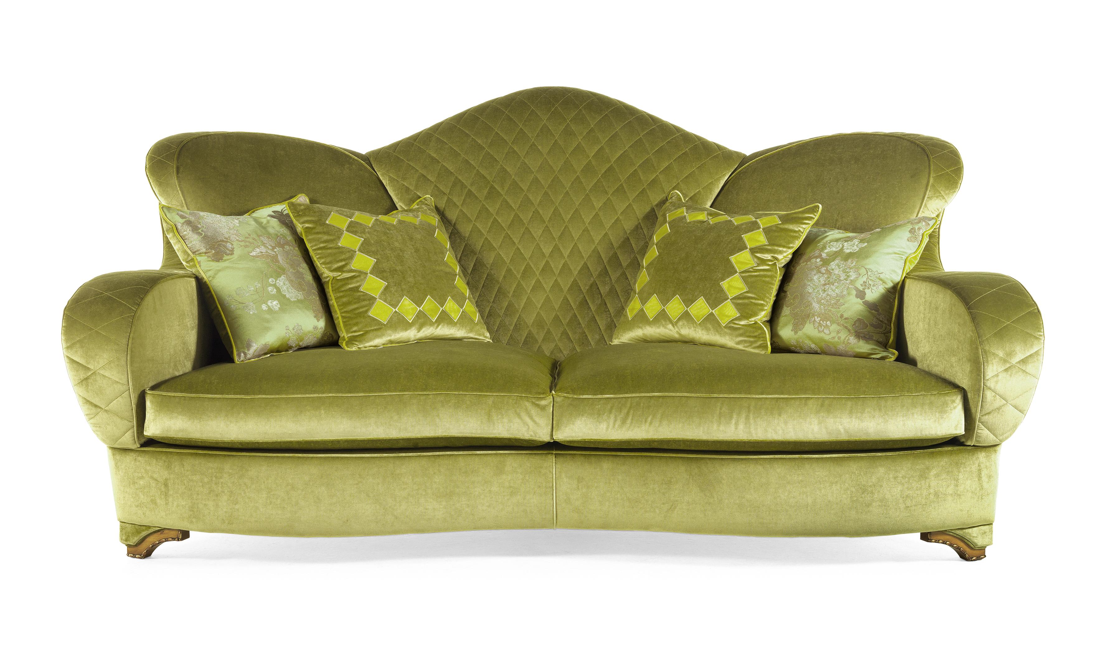 Classic three-seat sofa with sinous and unexpected shape, the ENEA sofa is upholstered in green velvet and the fresh and innovative design is enriched by a geometric embroidery on the backrest and armrests. Standard components of absolute quality