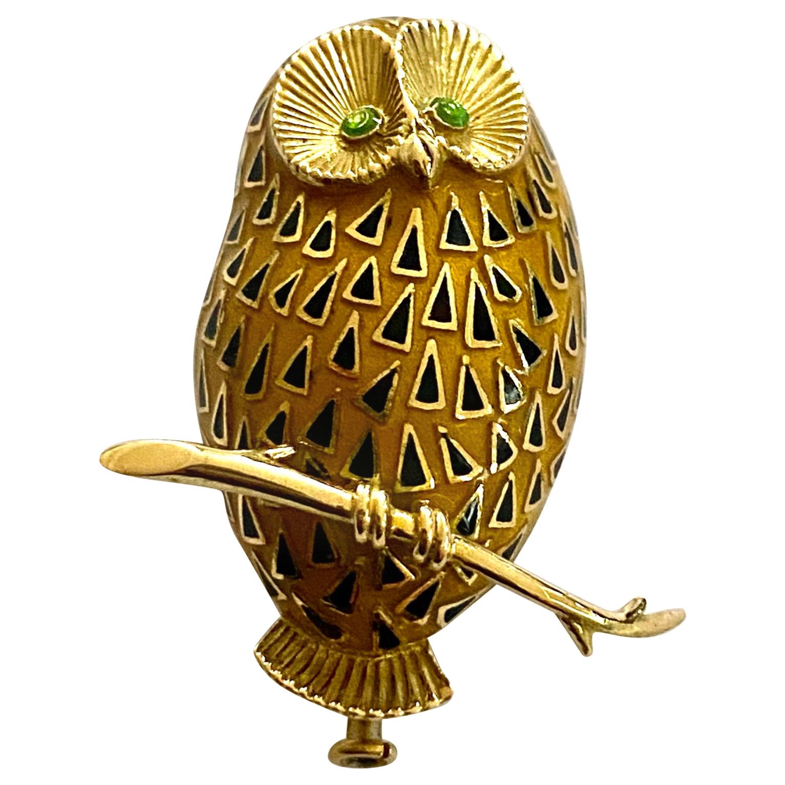 Enamel 18 Karat Yellow Gold Owl Brooch, French, 1950