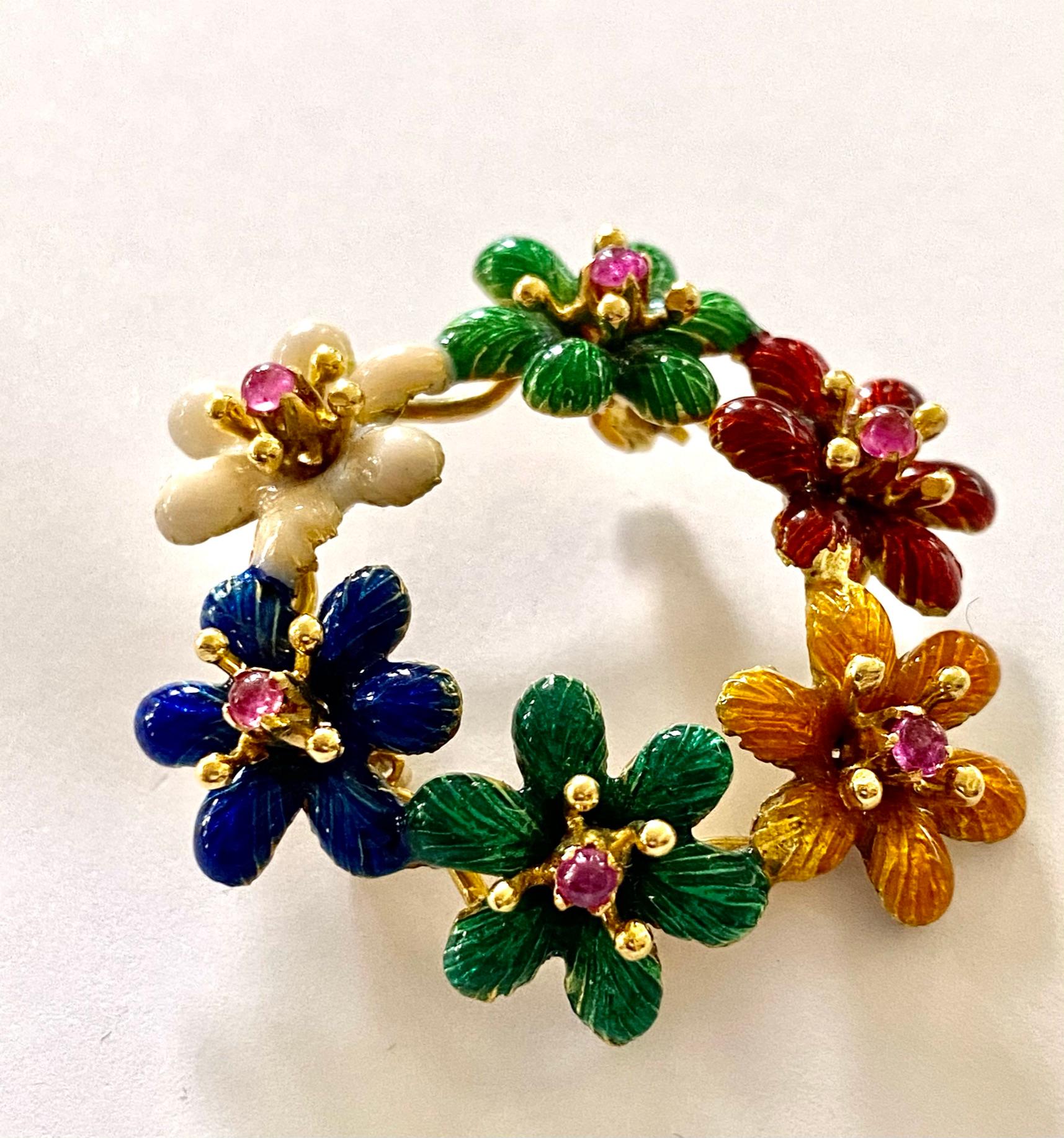 Cabochon Enemal Flower Brooch, Set with Nataural Pink Sapphires, Italy, 1950