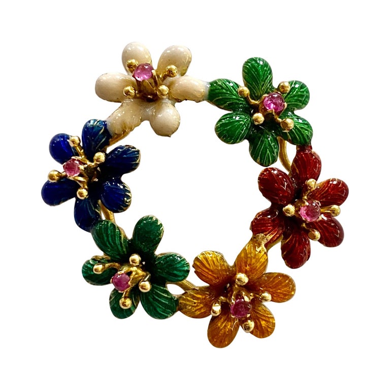 Enemal Flower Brooch, Set with Nataural Pink Sapphires, Italy, 1950 For Sale