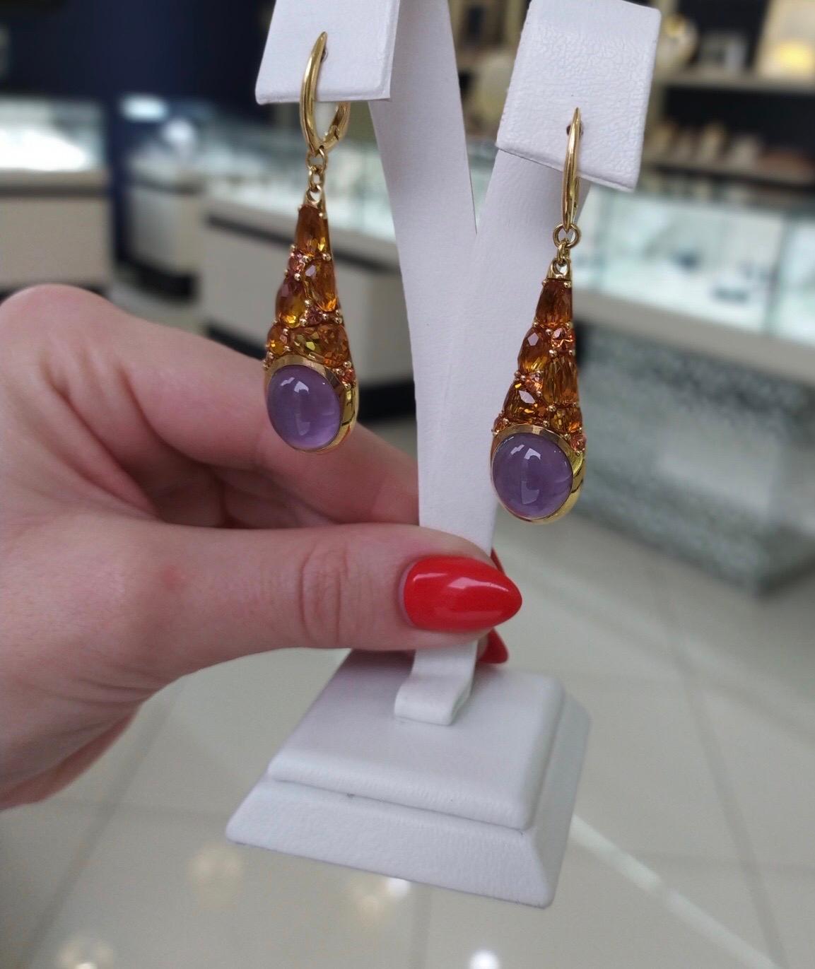 Modern Energising Amethyst Orange Sapphire Citrine White Diamond Gold Designer Earrings For Sale