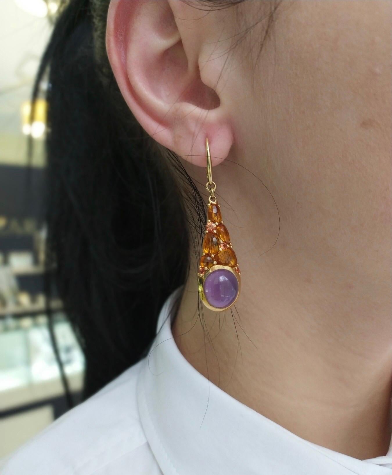 Round Cut Energising Amethyst Orange Sapphire Citrine White Diamond Gold Designer Earrings For Sale