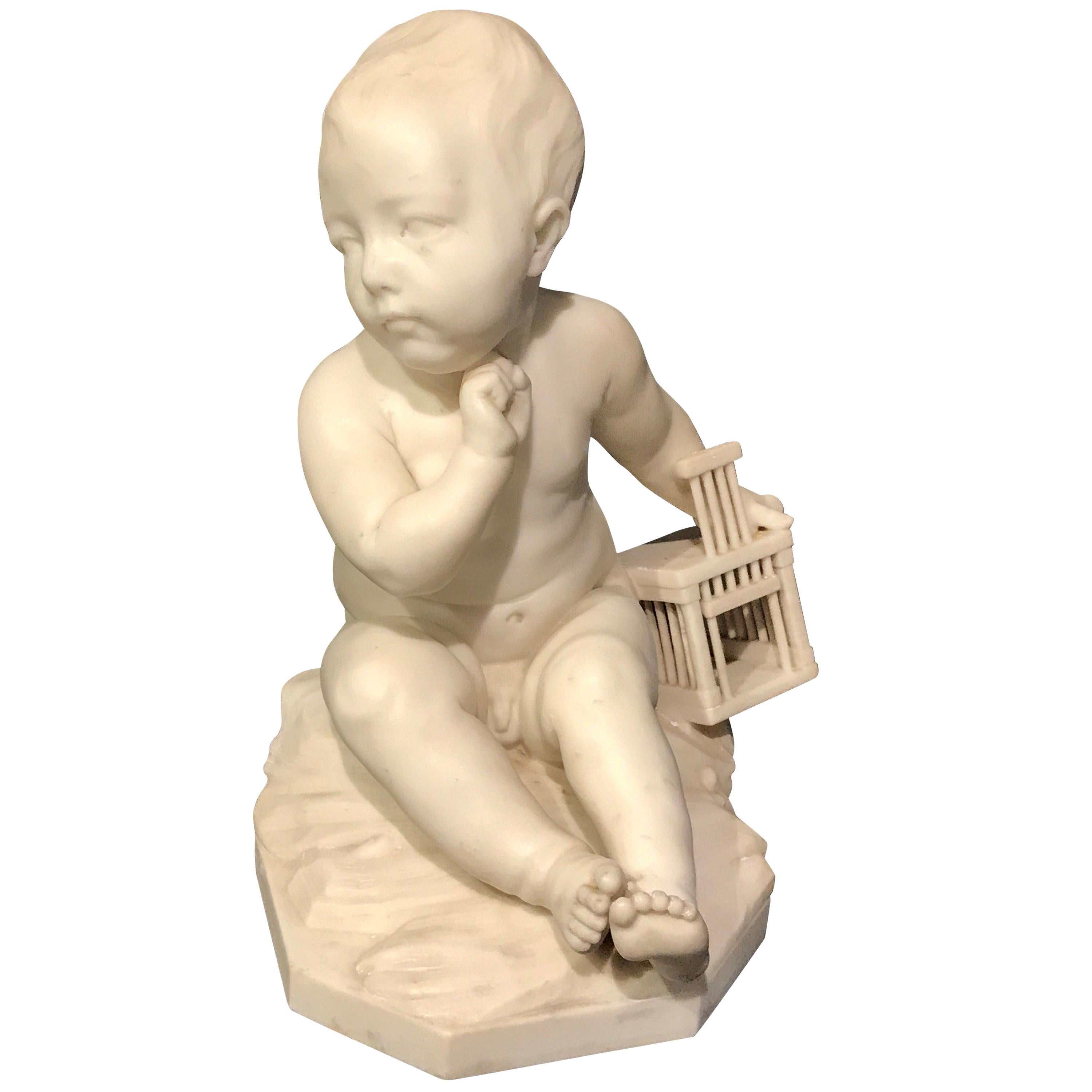 "Enfant à la Cage" Marble Sculpture after Jean-Baptiste Pigalle For Sale