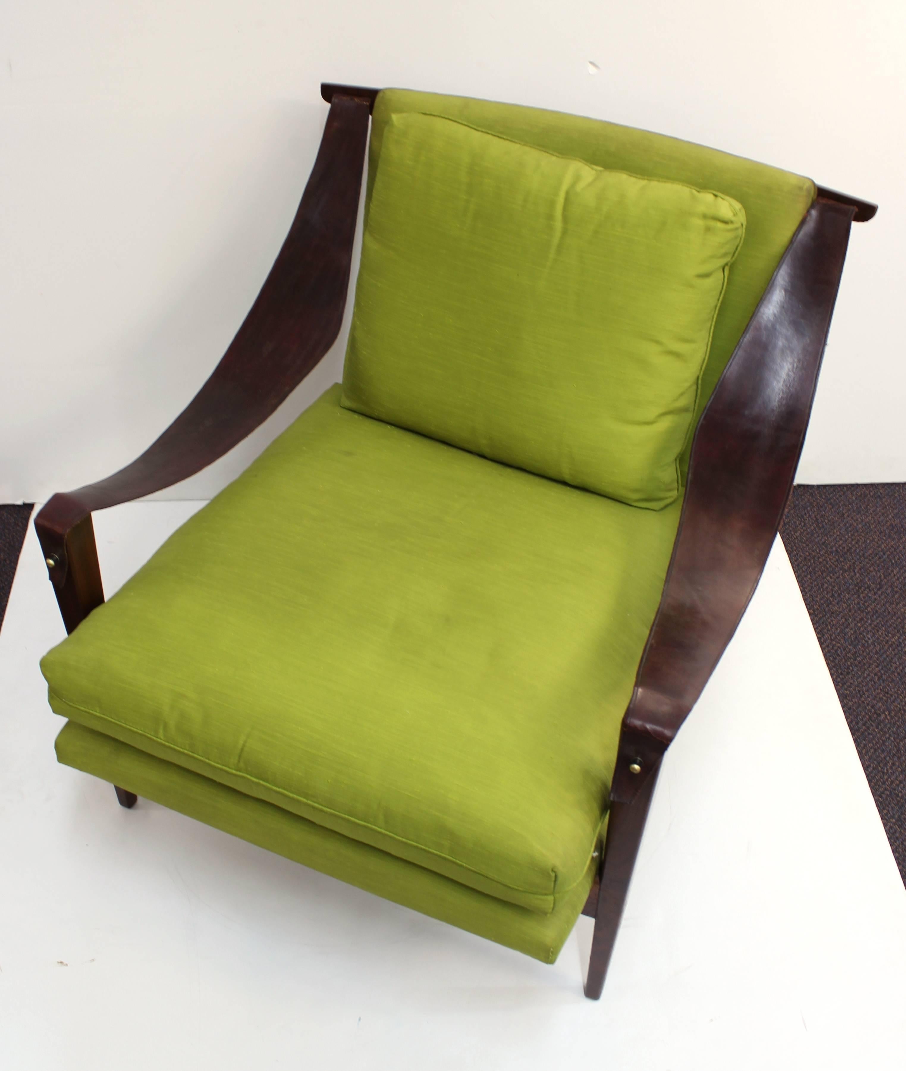 20th Century Enfield Chairs with Leather Swing Arms and Chartreuse Green Upholstery