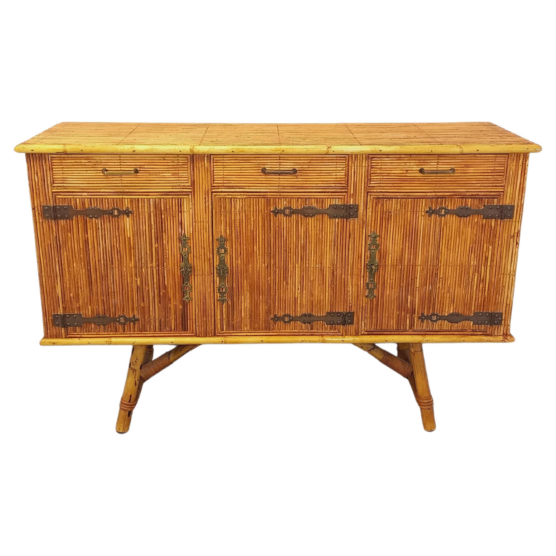 Enfilade vintage Audoux Minet en rotin des années 50 60