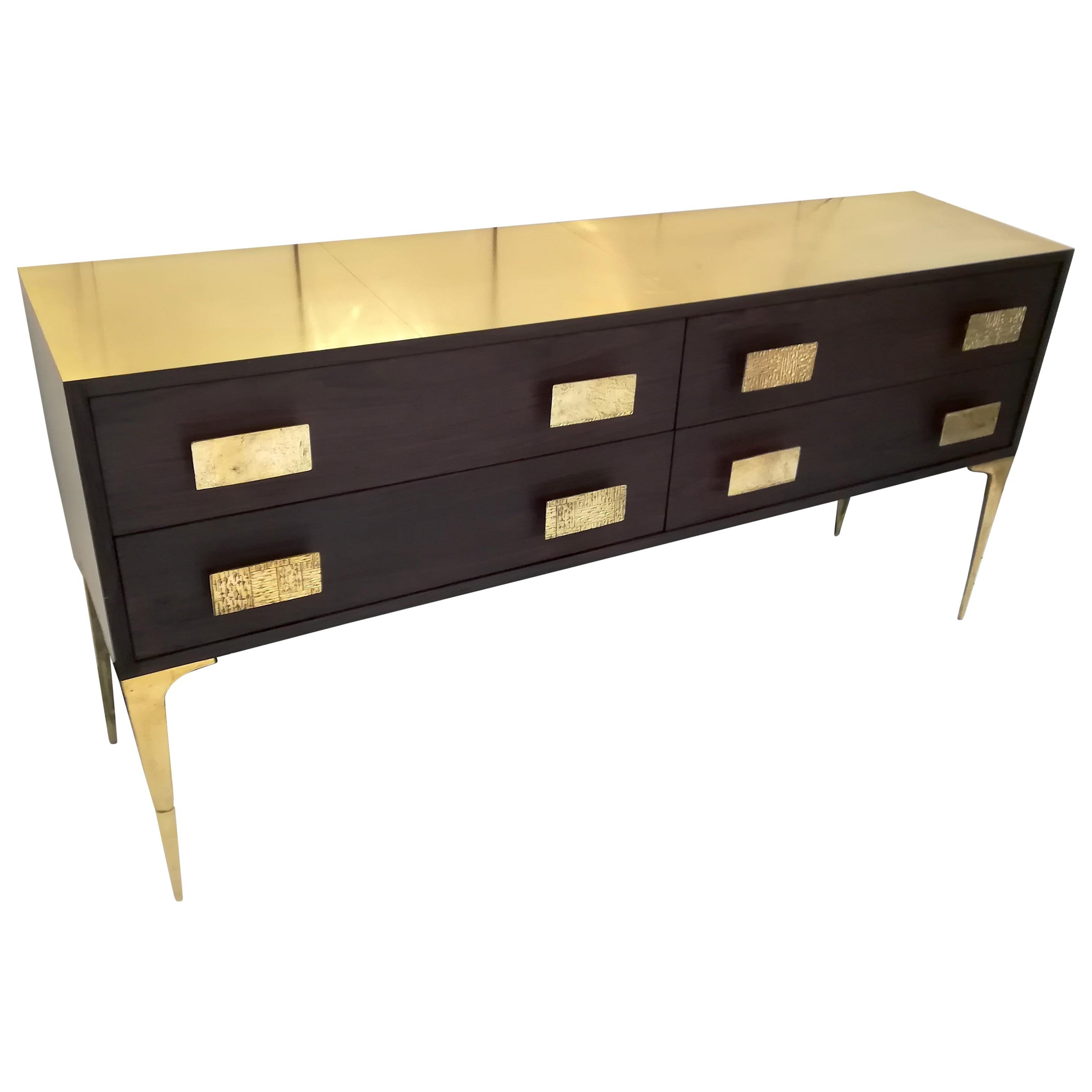 Enfilade with Four Drawers in Wood and Brass For Sale