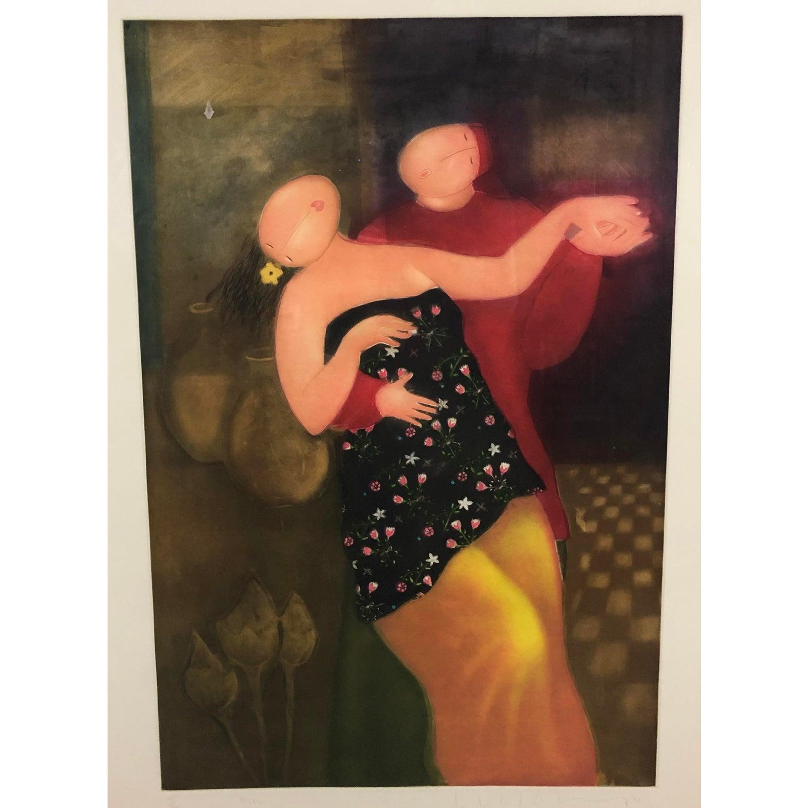Eng Tay, Malaysian (1947-) hand signed and numbered intaglio. Modern figural pencil signed and numbered intaglio of a couple dancing. Artist signed. Beautifully framed and matted. UV filtering Plexiglass.