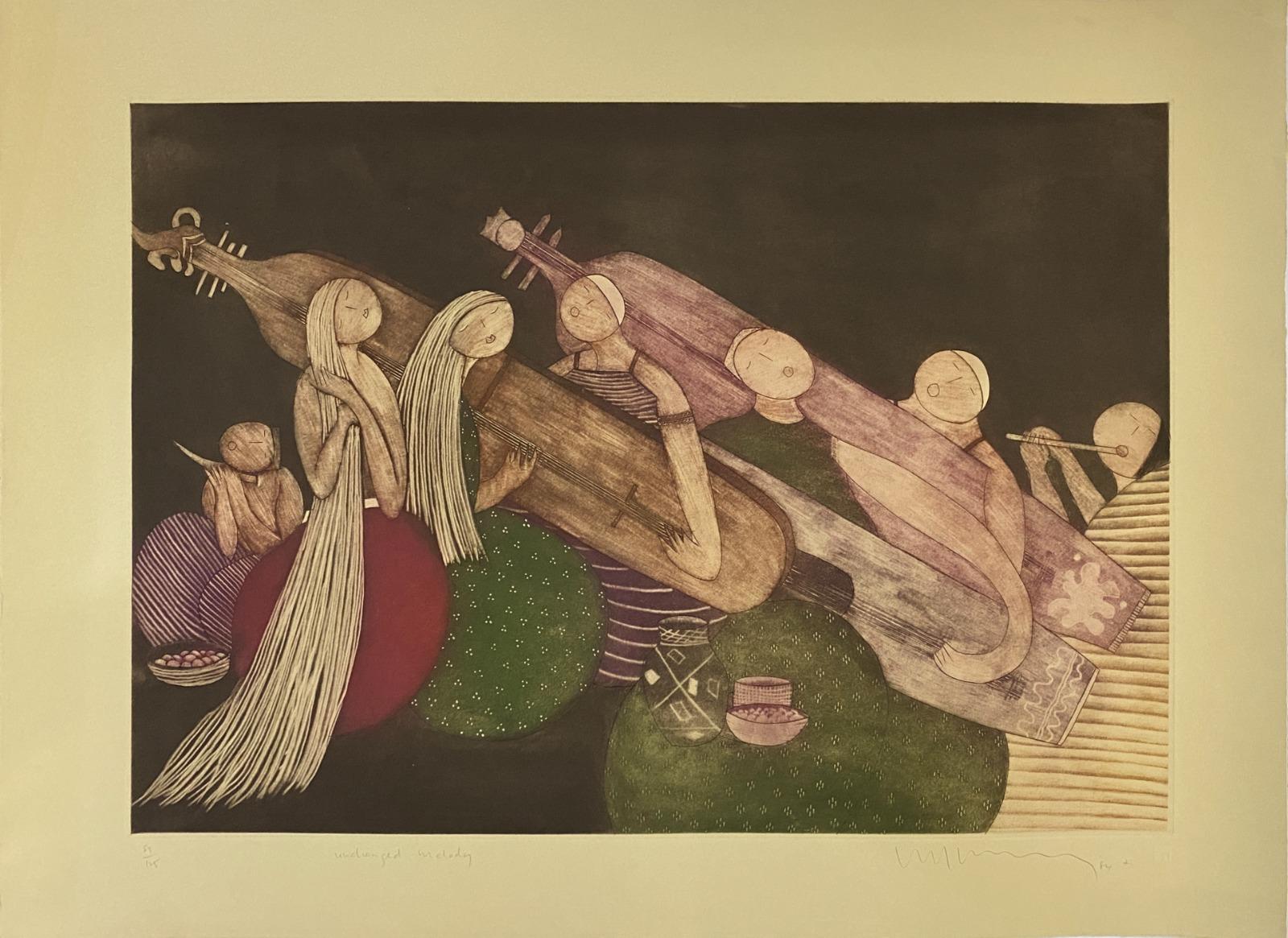 Melodía inalterada, malayo asiático contemporáneo, edición limitada, punta seca aguafuerte - Painting de Eng Tay
