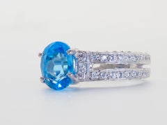 Verlobungsring 1,60ct Oval Blauer Topas & Weißer Quarz Feine Sterling Silber Ring