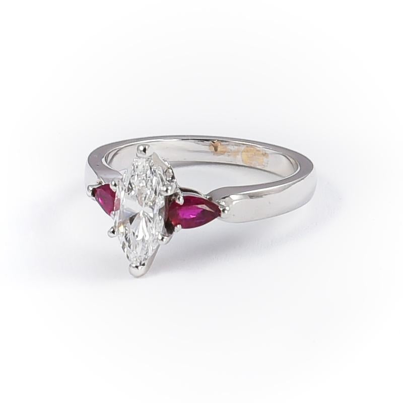 Contemporary Engagement 18 Karat White Gold Ring with 1 Diamond 1.01 Carat and Rubies For Sale