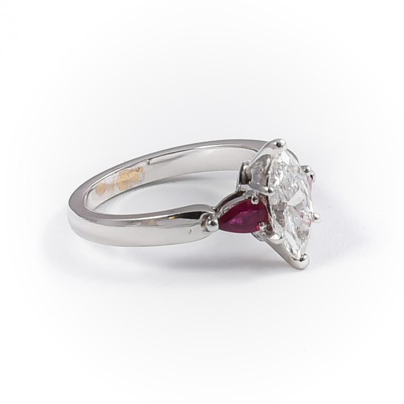 Marquise Cut Engagement 18 Karat White Gold Ring with 1 Diamond 1.01 Carat and Rubies For Sale