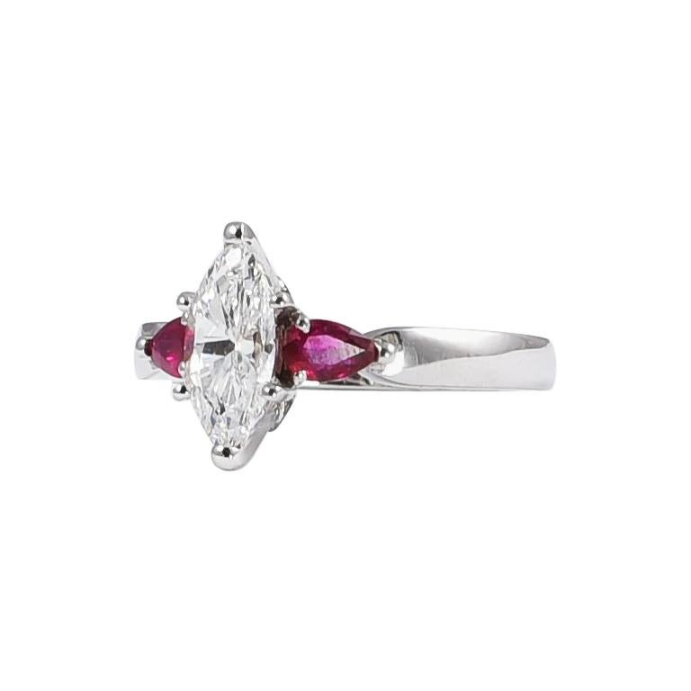Engagement 18 Karat White Gold Ring with 1 Diamond 1.01 Carat and Rubies For Sale