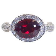 Engagement 2.20ct Oval Deep Red Garnet & Quartz Halo Sterling Silver Ring