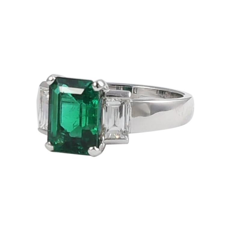 Engagement 2.95 Carat Emerald 18 Karat White Gold Ring with Diamonds For Sale