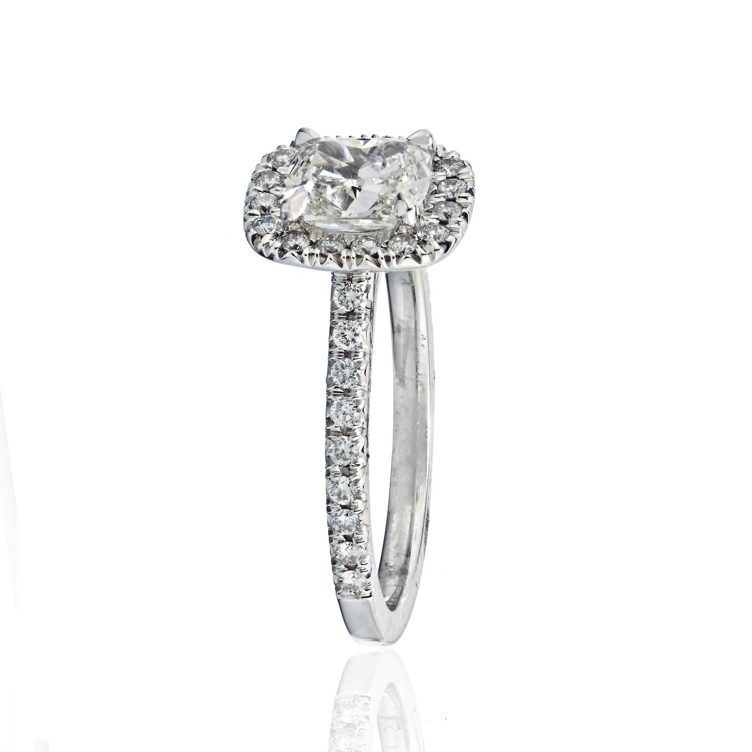 Engagement Cushion Cut Diamond Halo Ring 18K White Gold 1.06Cttw In New Condition For Sale In New York, NY