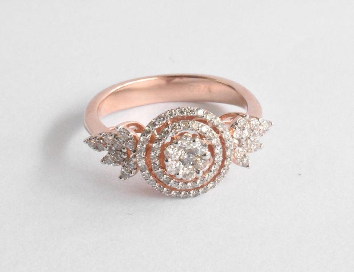 Art Deco Engagement Diamond Ring in 18 Karat Rose Gold Natural Round Diamond Ring