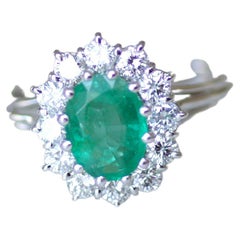 Vintage Engagement Emerald & Diamonds Cluster Ring on White Gold