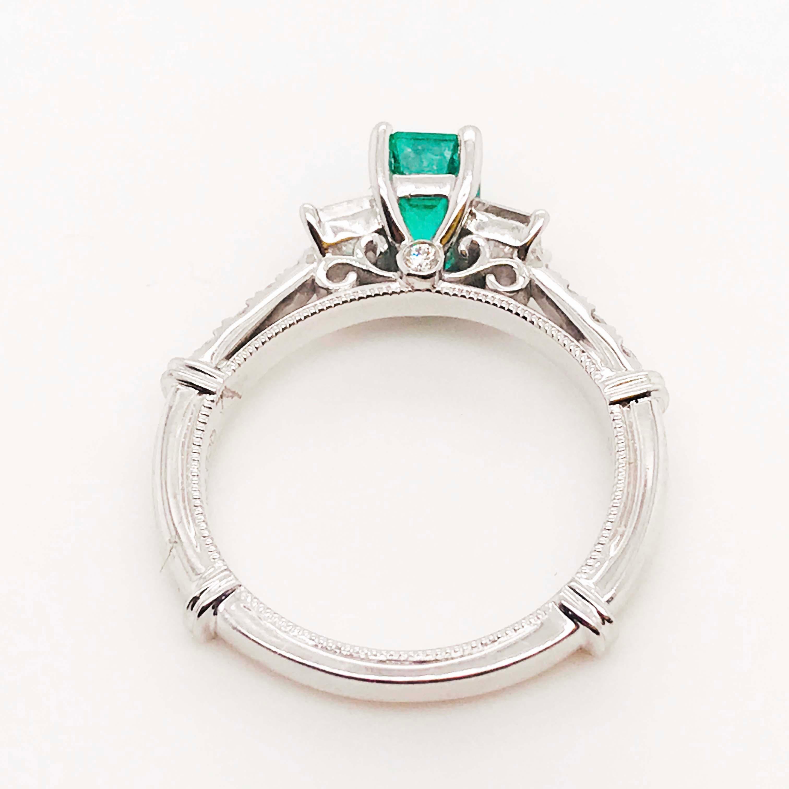 Emerald Cut Engagement Emerald Ring w .92 ct Emerald & .75 Carat Diamond Ring in 18 Karat For Sale
