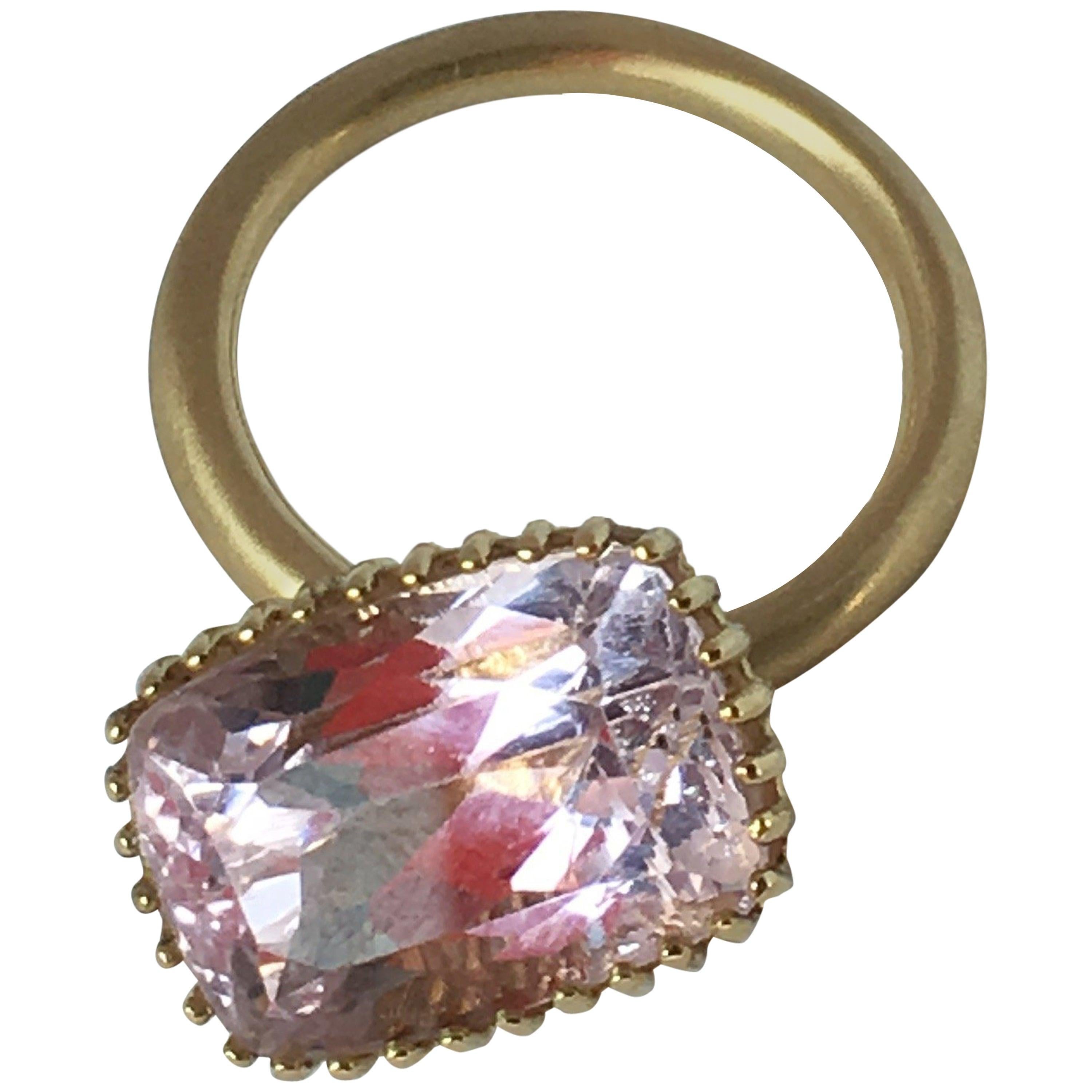 Engagement Eternity 18 Karat Gold Hand Made Kunzite Cage Ring For Sale