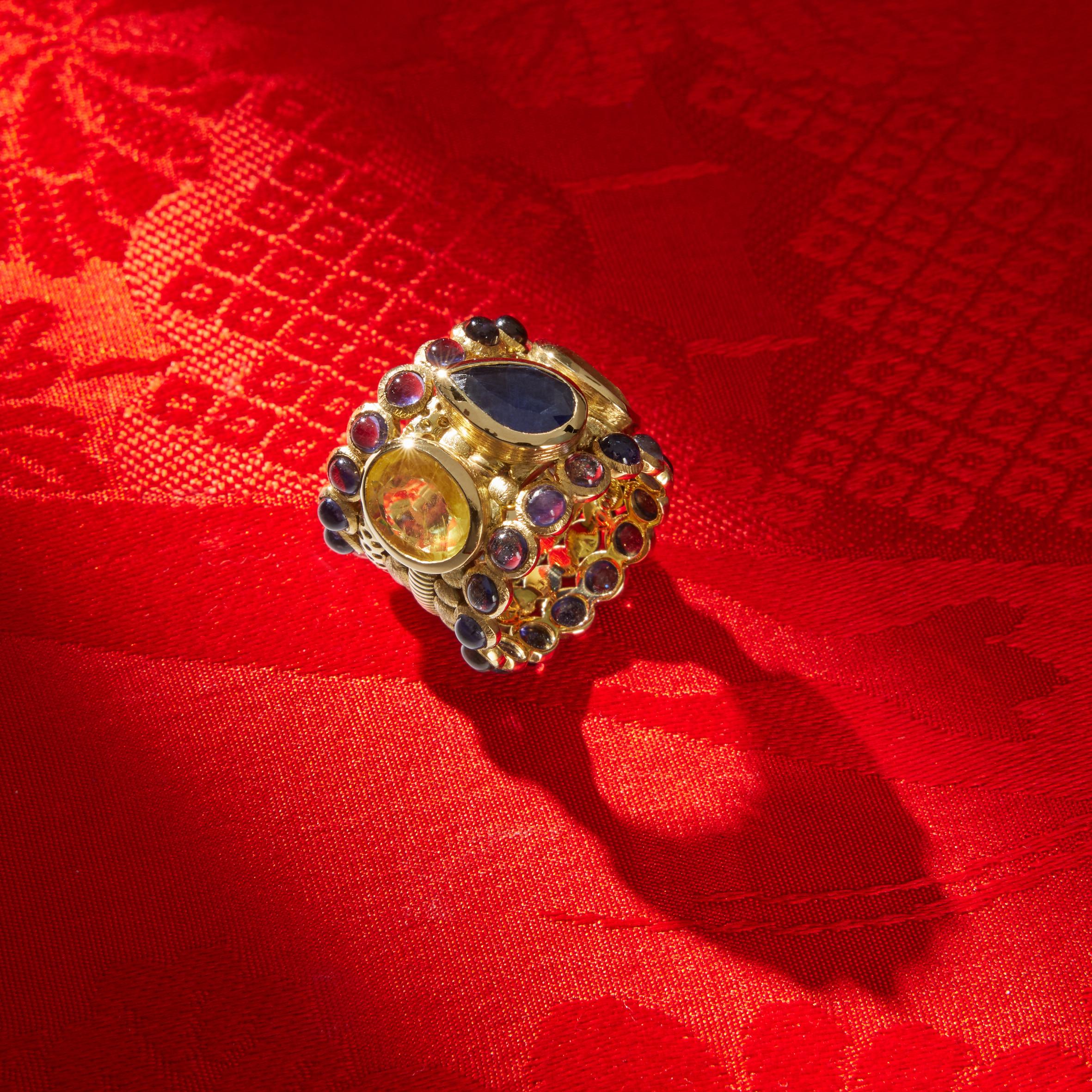 Engagement Eternity Blue, Yellow and Green Sapphire Tanzanite Gold Chennai Ring For Sale 8