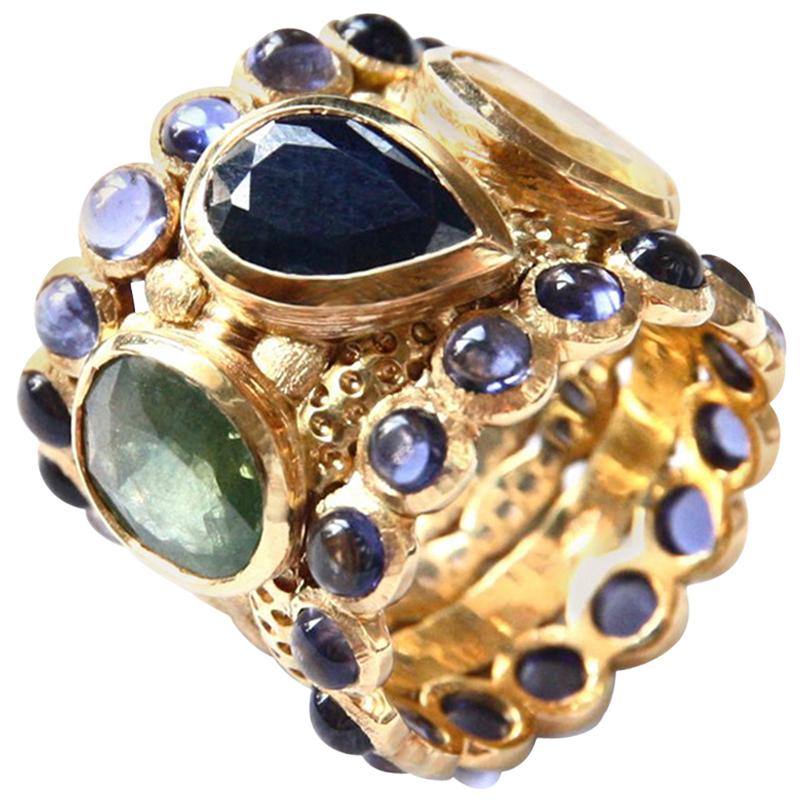 Engagement Eternity Blue, Yellow and Green Sapphire Tanzanite Gold Chennai Ring For Sale