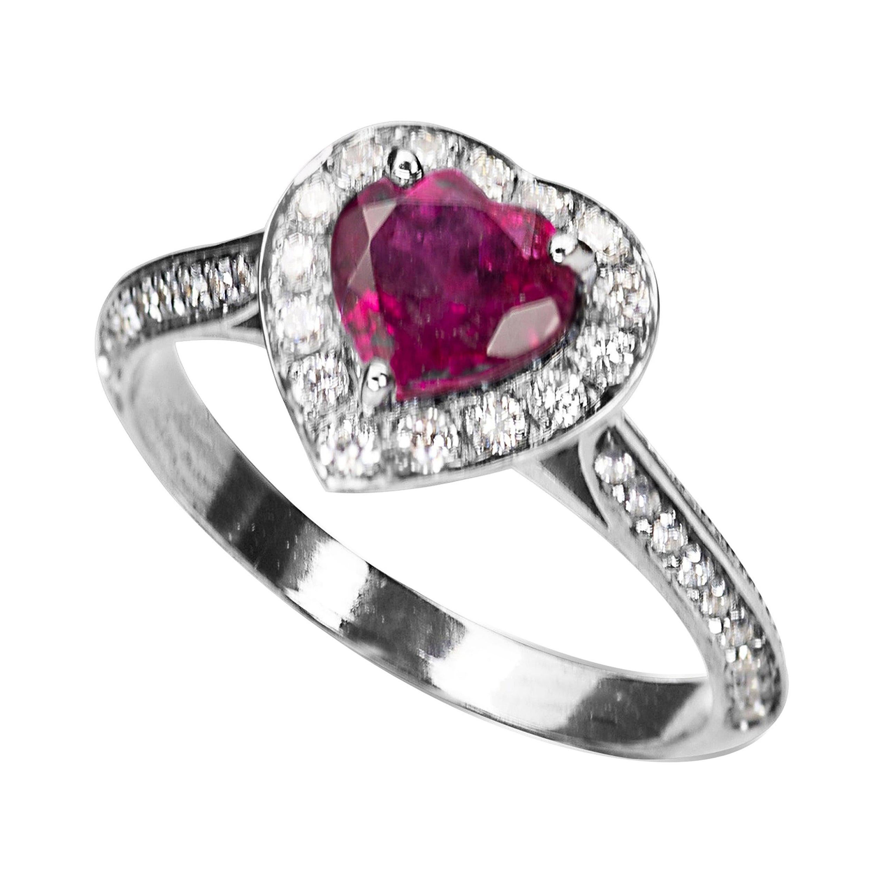 Taille cœur Bague de fiançailles d'amour en or 18 carats avec diamants blancs de 0,50 carat et rubélite taille cœur en vente