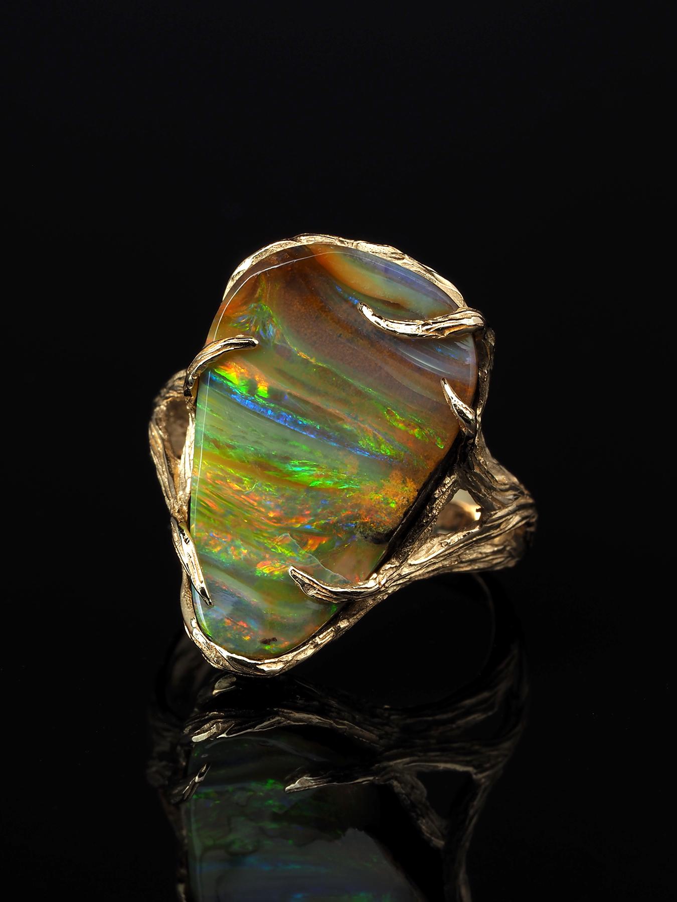 Artisan Engagement Opal Ring Gold Unisex Tree of Fantasy Forest Lotr Style For Sale