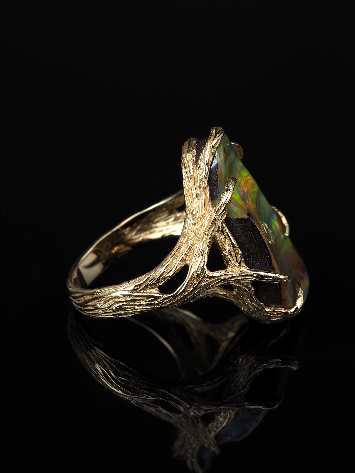 Cabochon Engagement Opal Ring Gold Unisex Tree of Fantasy Forest Lotr Style For Sale