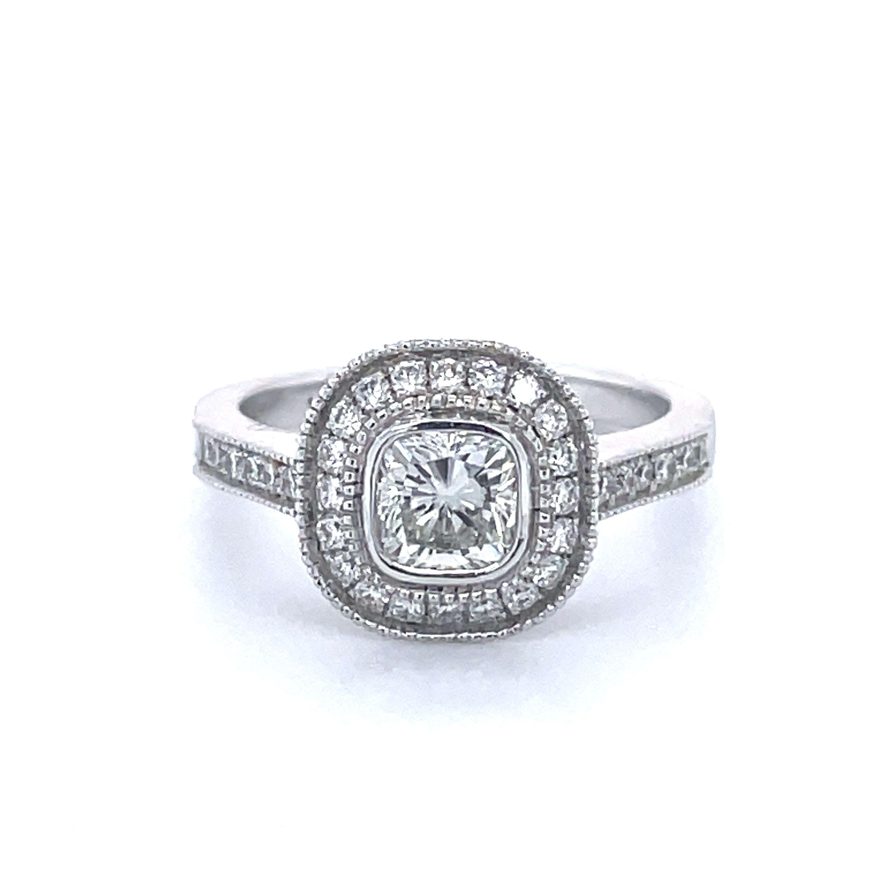 Engagement Ring, 0.82ct Cushion Cut Diamond, 14k White Gold, Halo Diamond Ring For Sale 6
