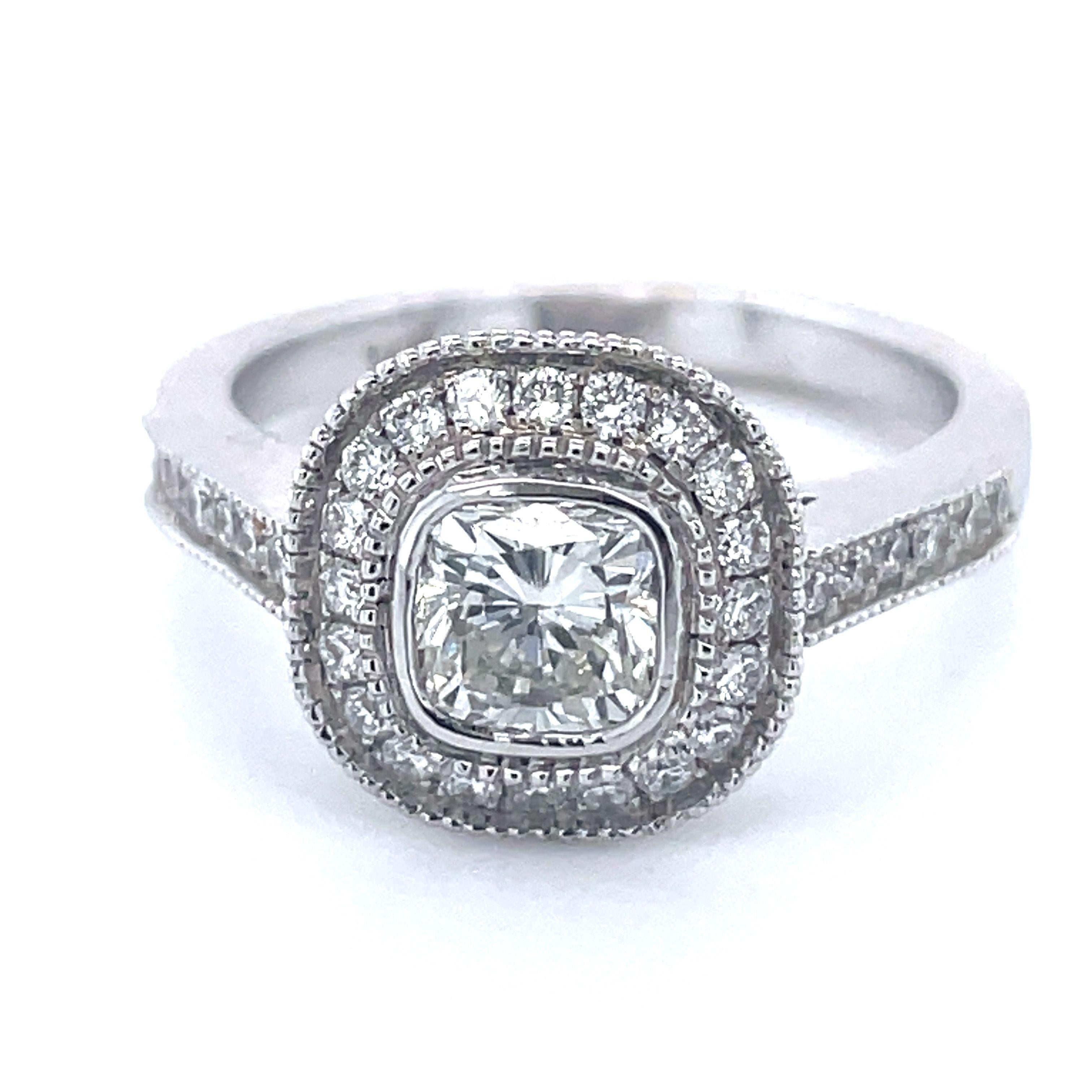One Of a Kind Engagement Ring 0.82 CT Cushion Shape Natural Diamond, Solid 14k White Gold, Halo Diamond Ring 
 
~~ S e t t i n g ~~
Solid 14k White Gold
3.8 grams
Ring Size 5 US
 
~~ Stones ~~
Main Stone:
Cushion Shape Natural Diamond In Weight Of