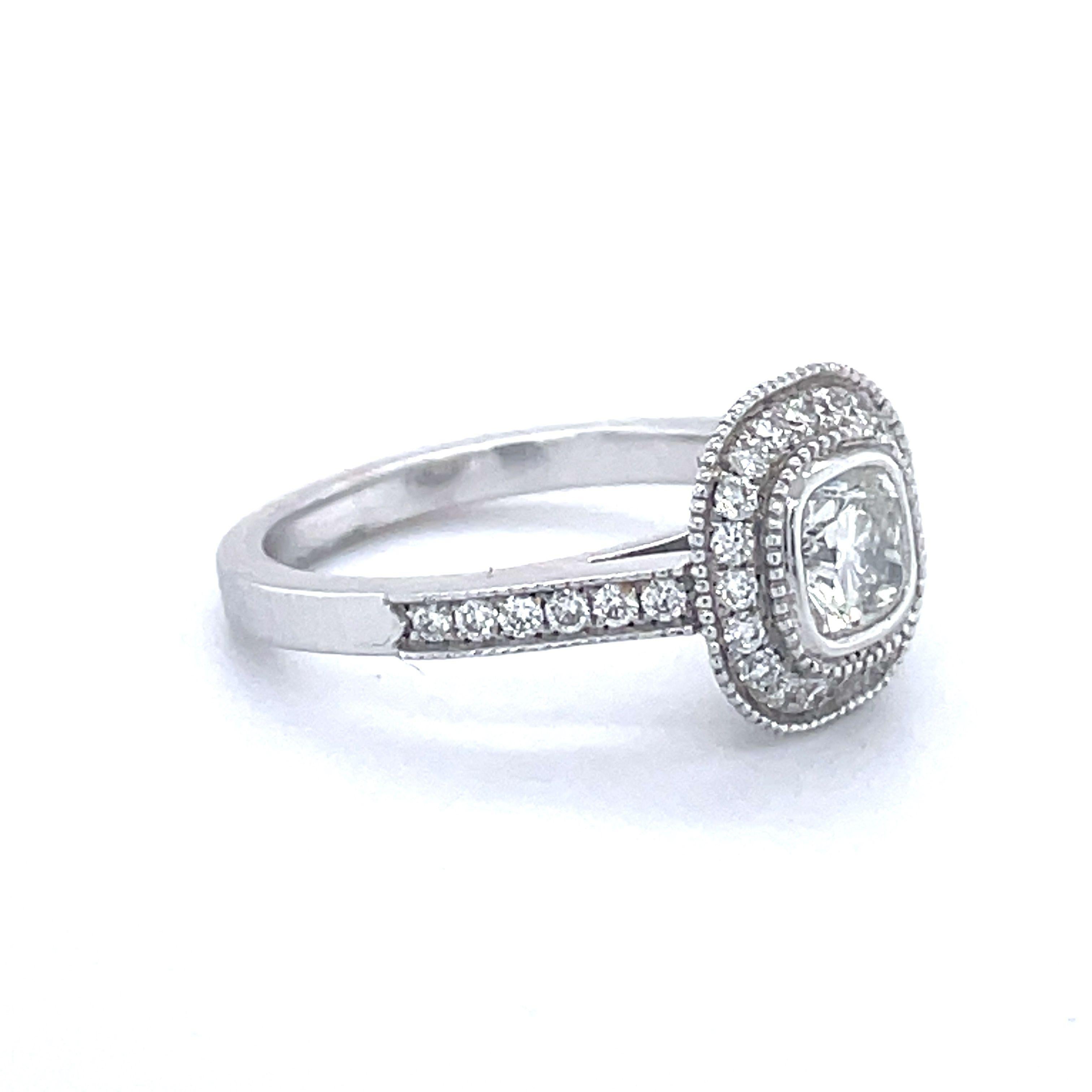 Engagement Ring, 0.82ct Cushion Cut Diamond, 14k White Gold, Halo Diamond Ring In New Condition For Sale In Ramat Gan, IL