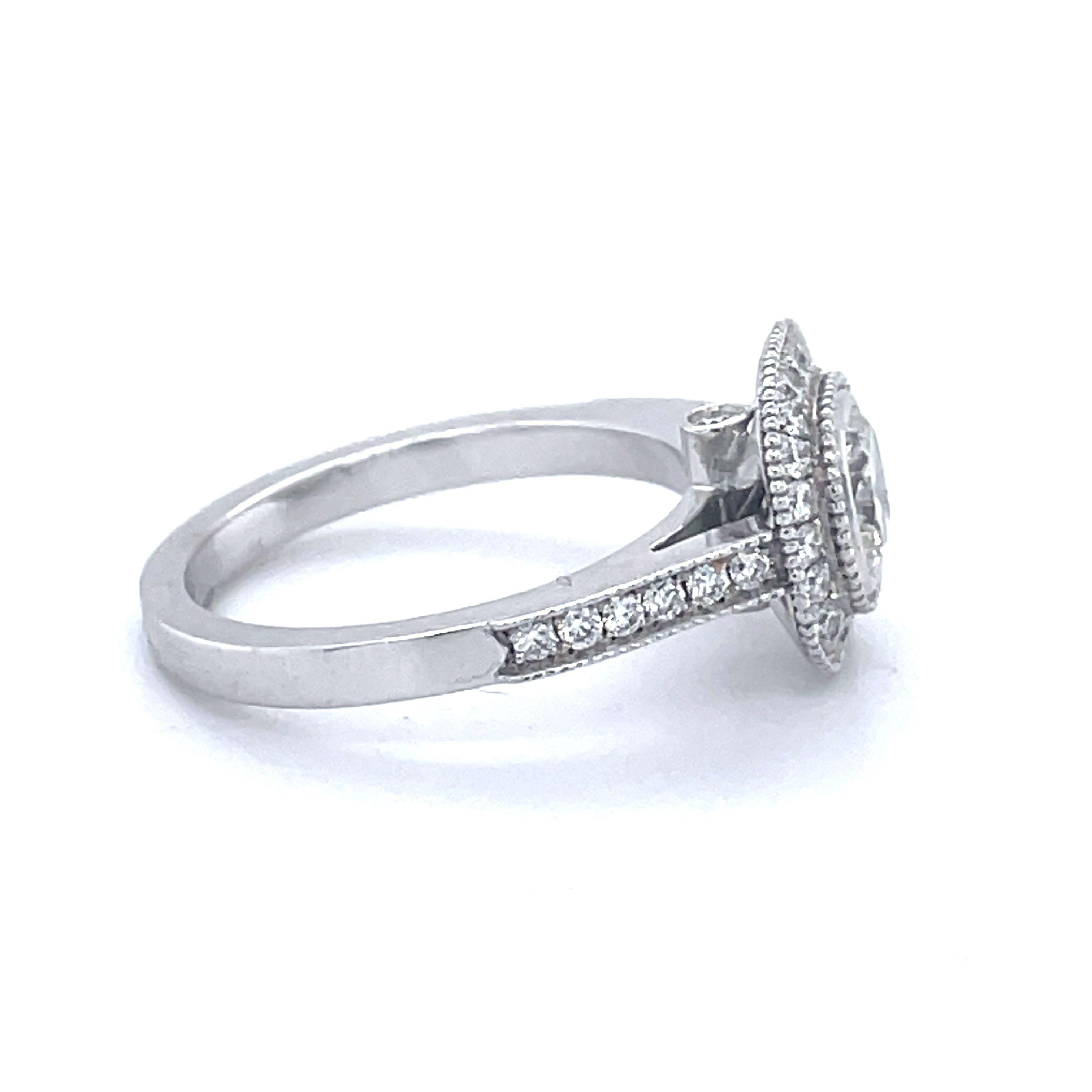 Women's Engagement Ring, 0.82ct Cushion Cut Diamond, 14k White Gold, Halo Diamond Ring For Sale