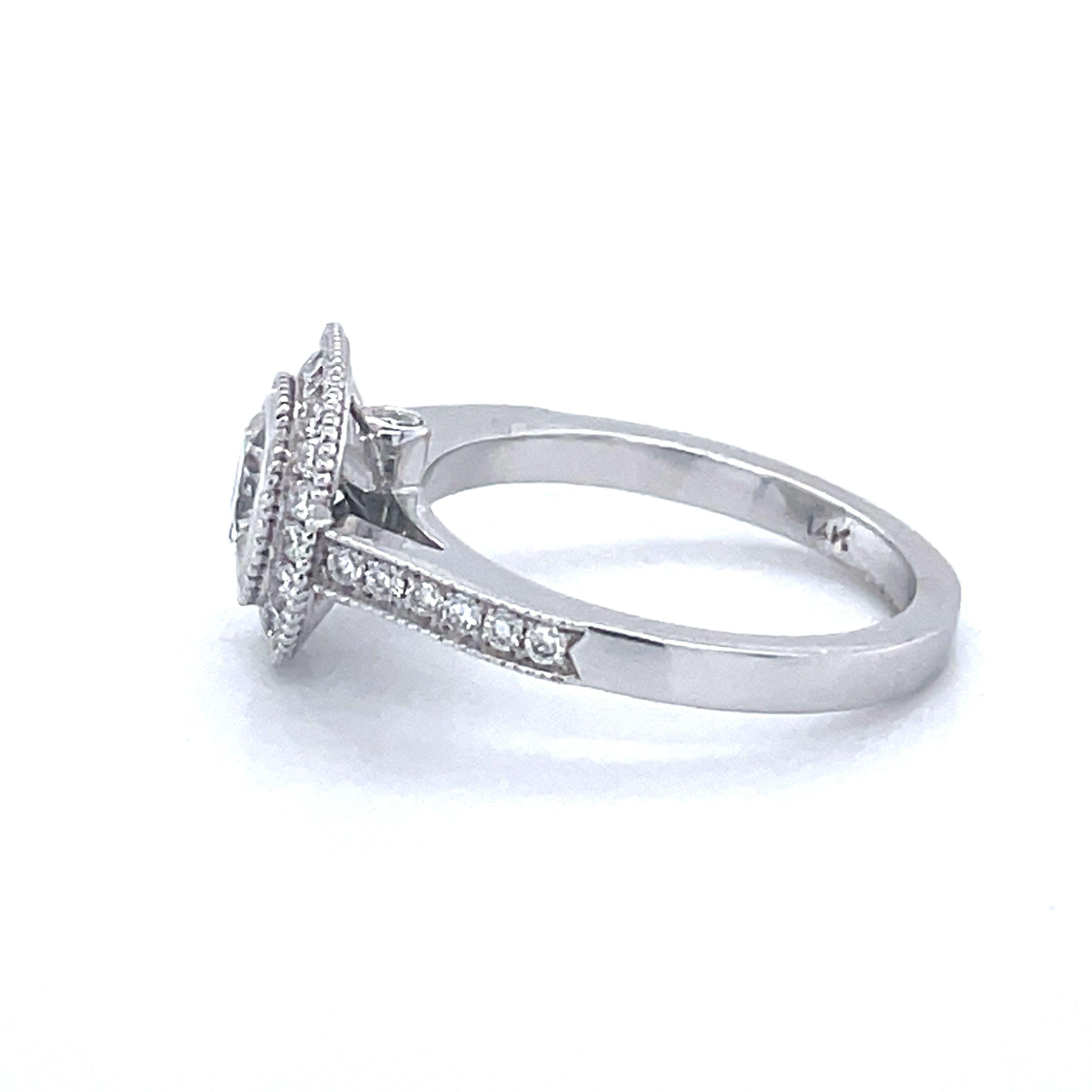 Engagement Ring, 0.82ct Cushion Cut Diamond, 14k White Gold, Halo Diamond Ring For Sale 2