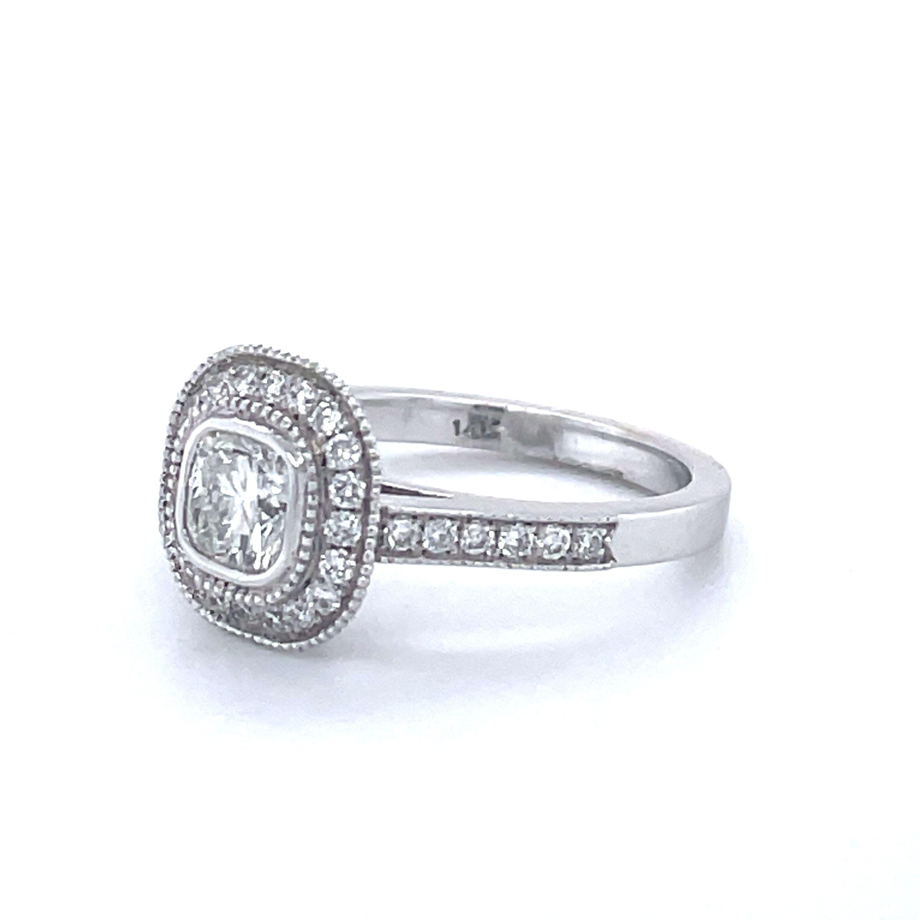 Engagement Ring, 0.82ct Cushion Cut Diamond, 14k White Gold, Halo Diamond Ring For Sale 3