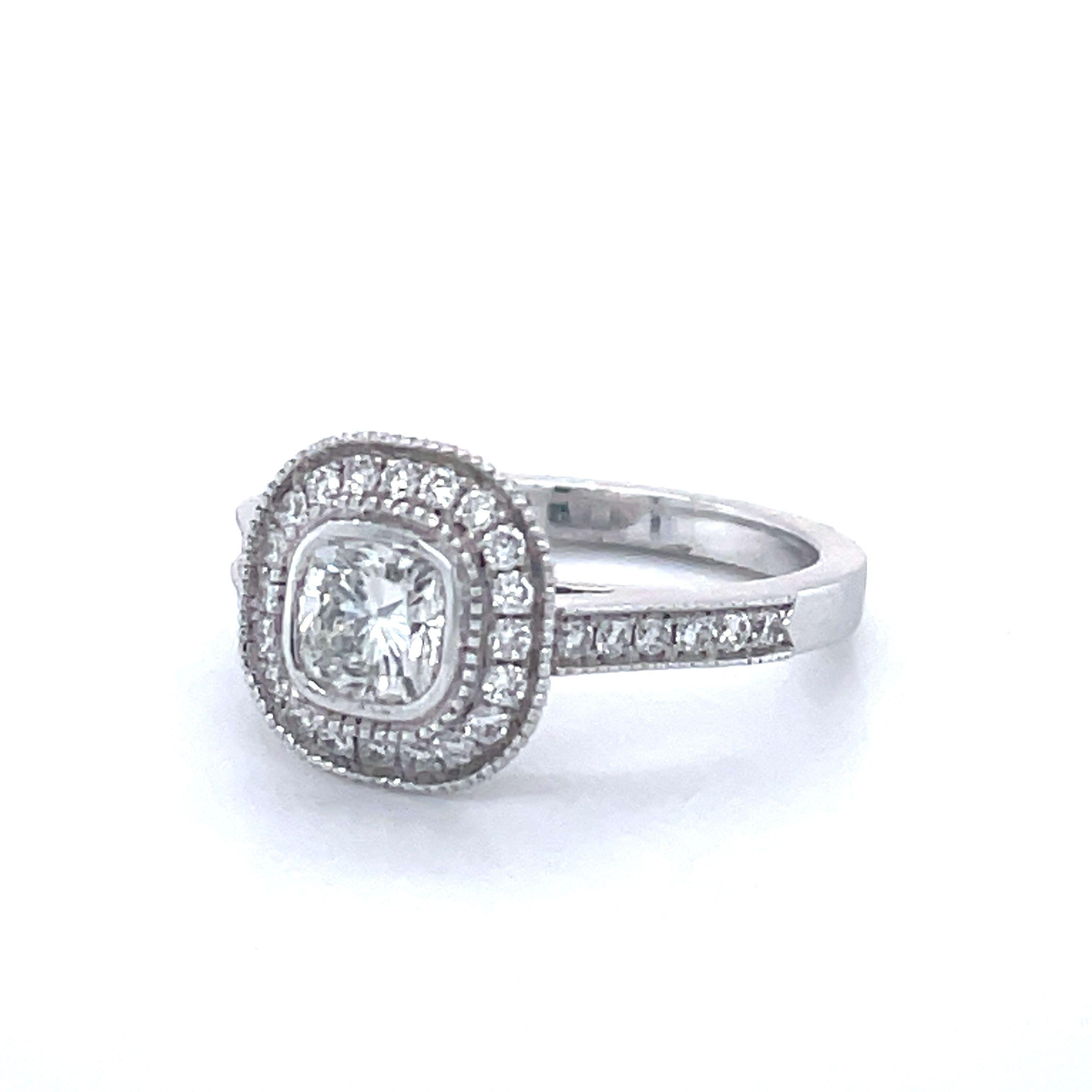 Engagement Ring, 0.82ct Cushion Cut Diamond, 14k White Gold, Halo Diamond Ring For Sale 4