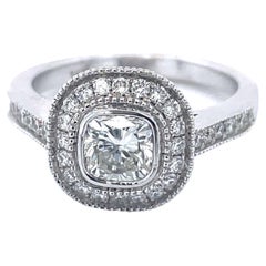 Engagement Ring, 0.82ct Cushion Cut Diamond, 14k White Gold, Halo Diamond Ring