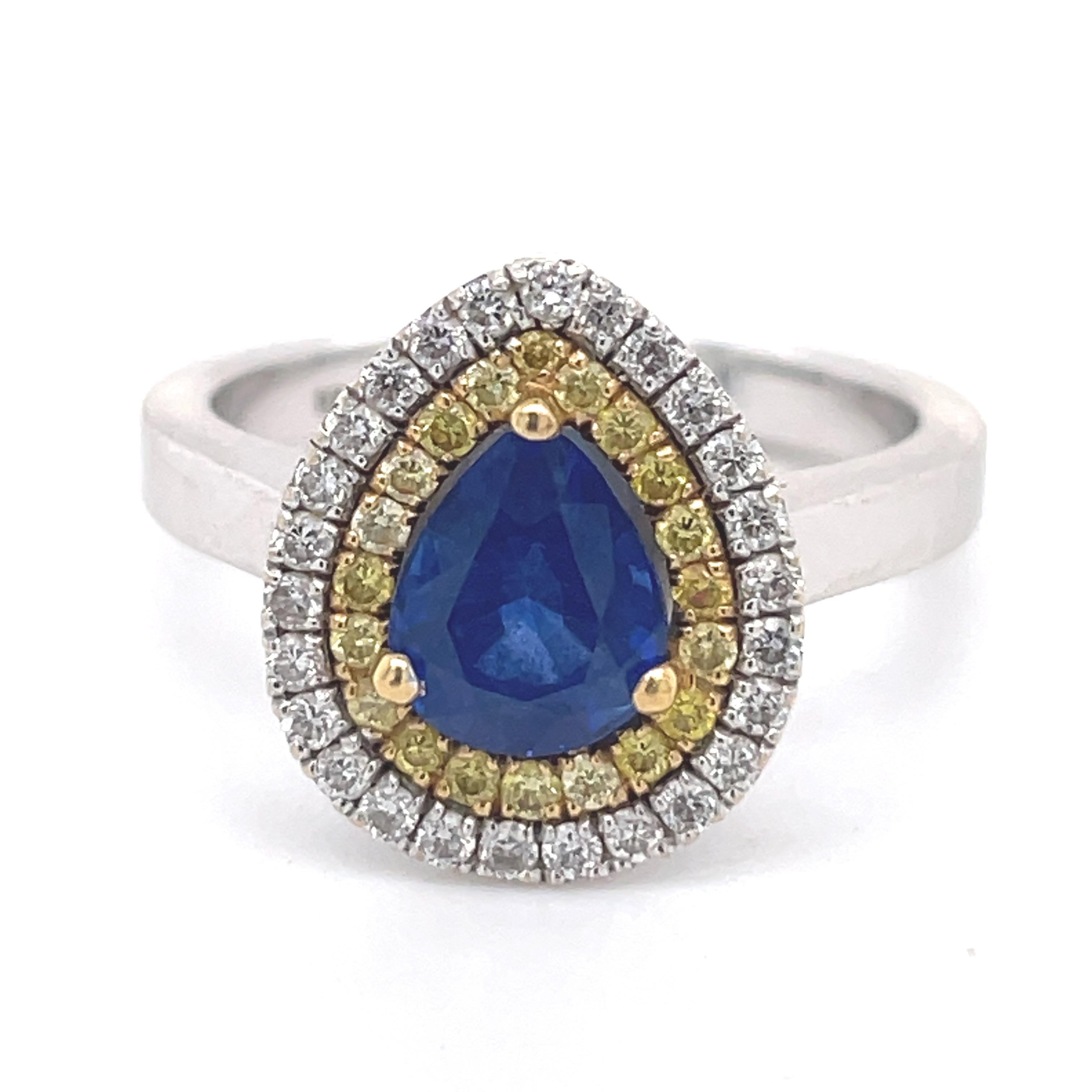 S e t t i n g ~~
Solid 18k White +Gold
5.94 grams
Ring 5.5 US
 
~~ Stones ~~


Main Stone:
Pear Shape Natural Sapphire In Weight Of 1.70 Ct (Approx.)
Color  - Blue


Side Stones:
Round Shape Natural Diamonds In Weight Of 0.20 Ct (Approx.)
Color  -